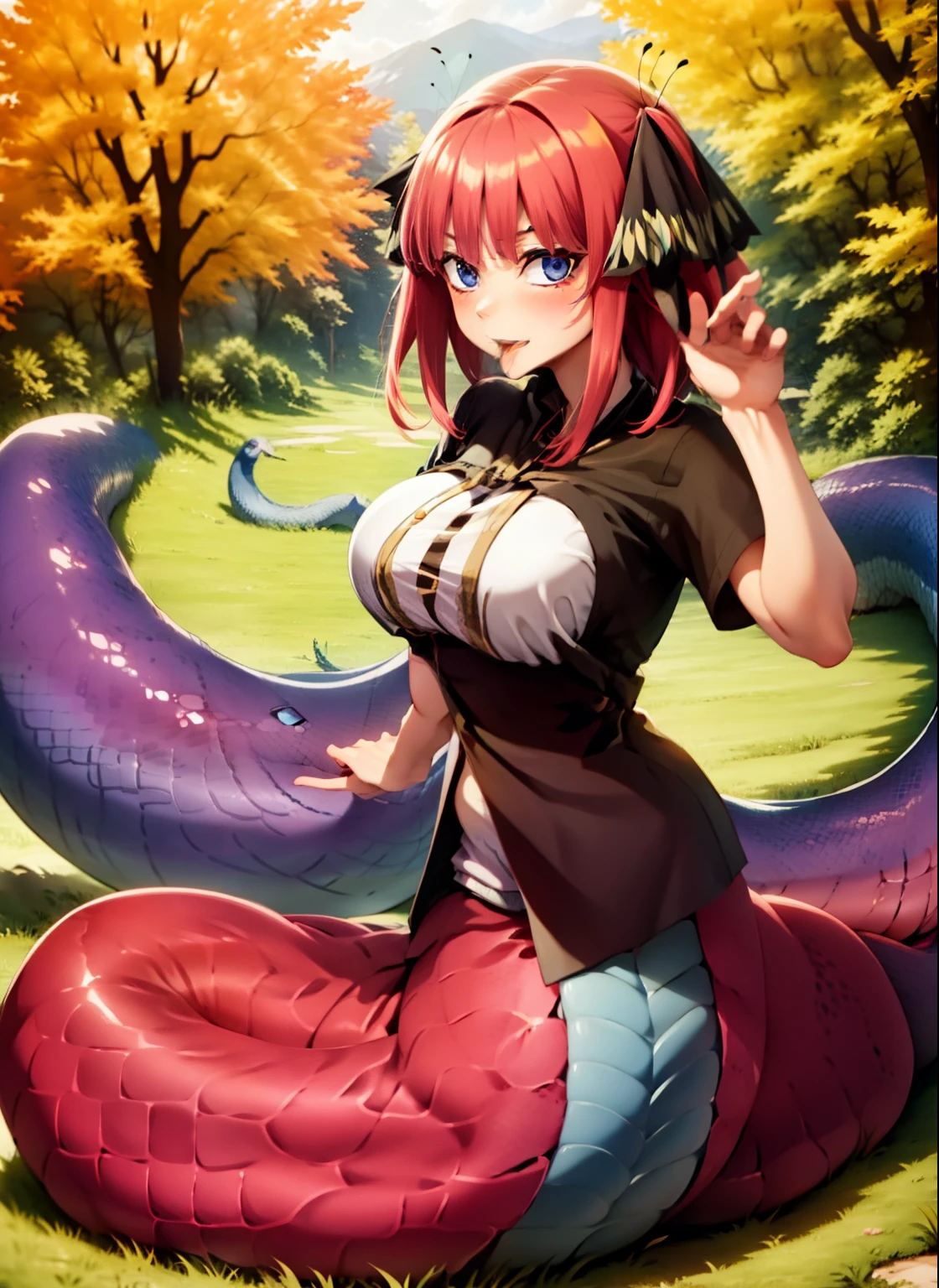 Short pink hair, ribbon hair, nakano nino, big breast, lamia, scales, snake tail, monster girl, looking at viewer, Sticks out his tongue, long tongue, snake tongue,