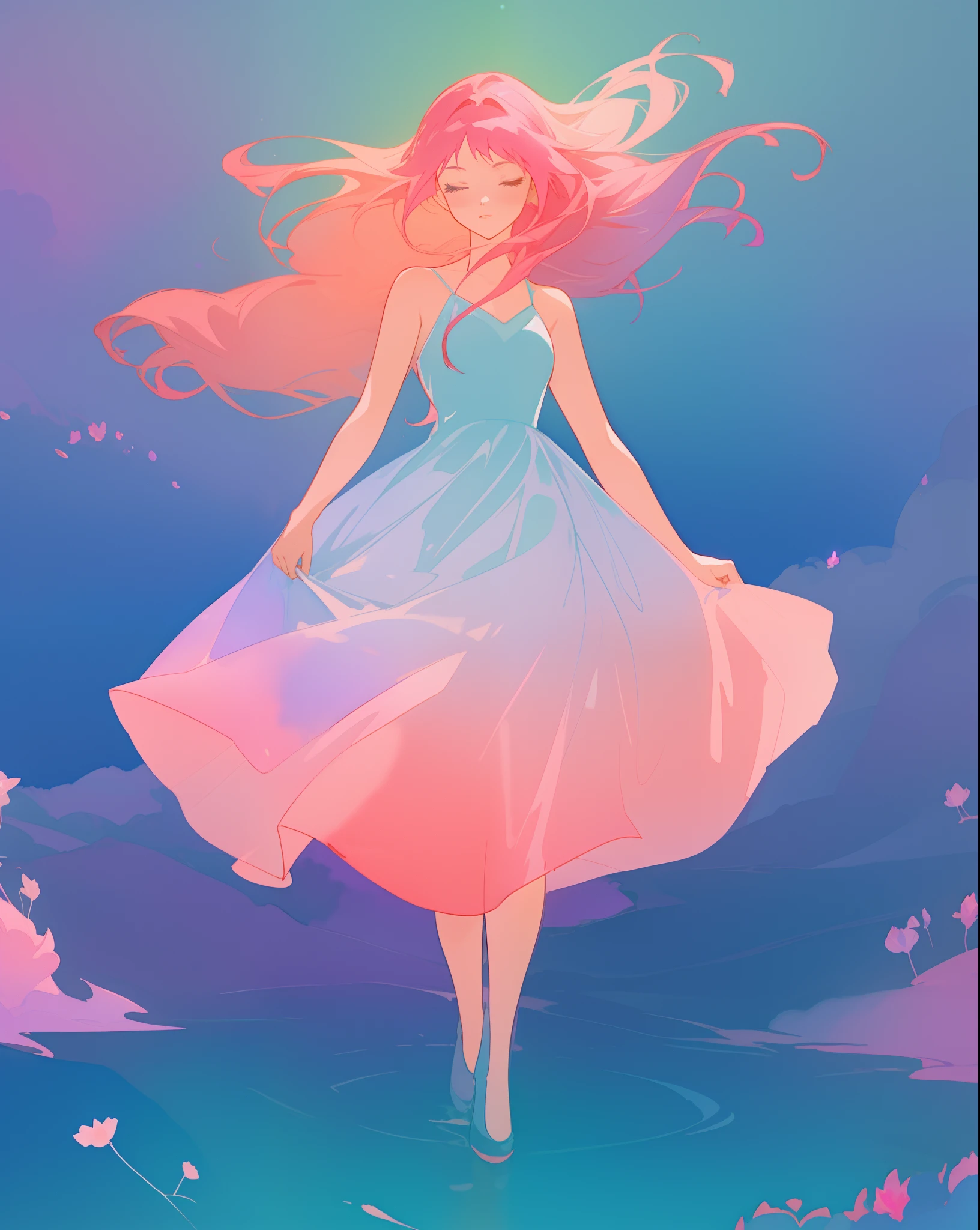 beautiful girl, gradient blue pink and purple ballgown, flowing pink red hair, otherworldly purples blues and greens landscape background, watercolor illustration, disney art style, glowing aura around her, flowing glowing hair, glowing flowing hair, fantasia otherworldly landscape, beautiful, masterpiece, best quality
