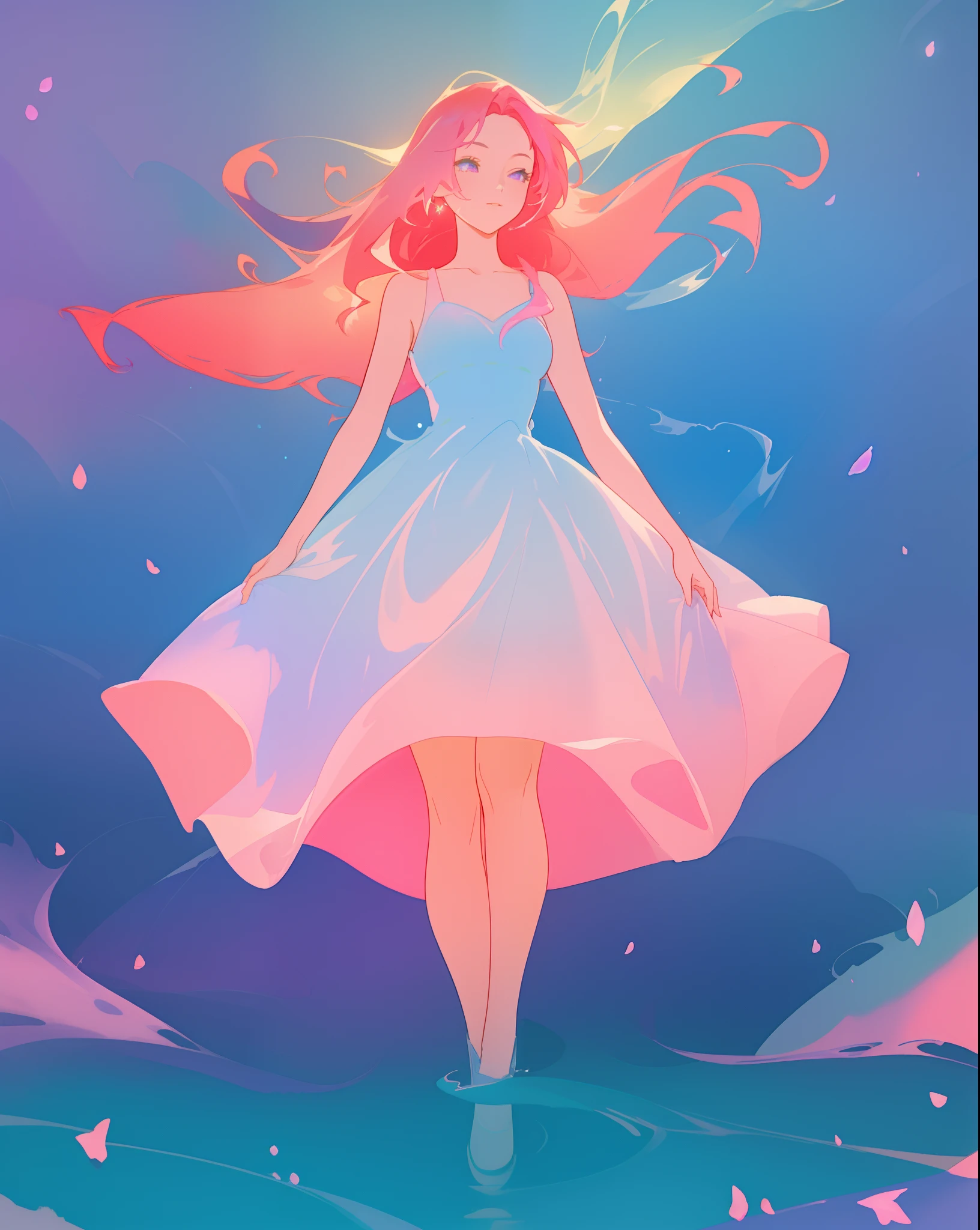 beautiful girl, gradient blue pink and purple ballgown, flowing pink red hair, otherworldly purples blues and greens landscape background, watercolor illustration, disney art style, glowing aura around her, flowing glowing hair, glowing flowing hair, fantasia otherworldly landscape, beautiful, masterpiece, best quality
