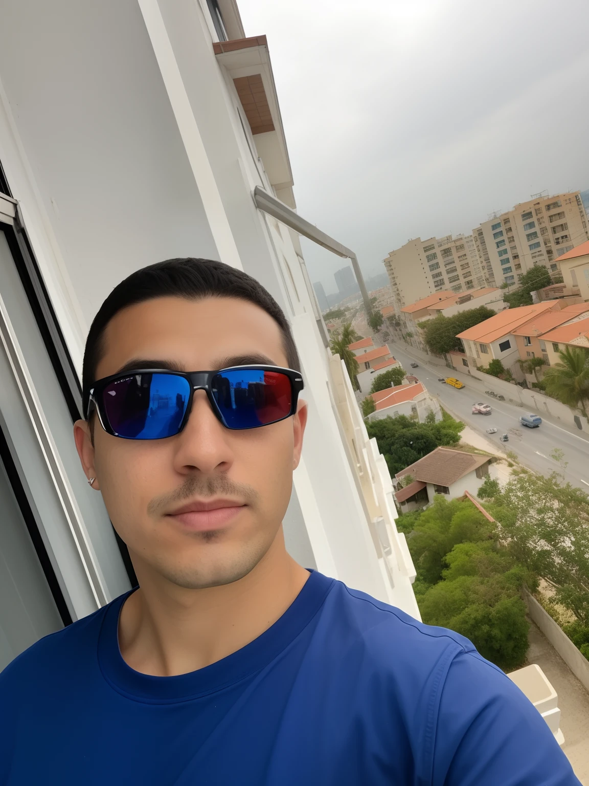 Man wearing sunglasses standing on a balcony with a city in the background, imagem frontal, imagem de qualidade muito alta, Unibrow, azul colorido, wearing oakley sunglasses, salvador, alta qualidade 8 k, Alto FOV, inspirado por Ion Andreescu, imagem de perfil, 2 3 anos, Fotografia selfie 8k, Msxotto