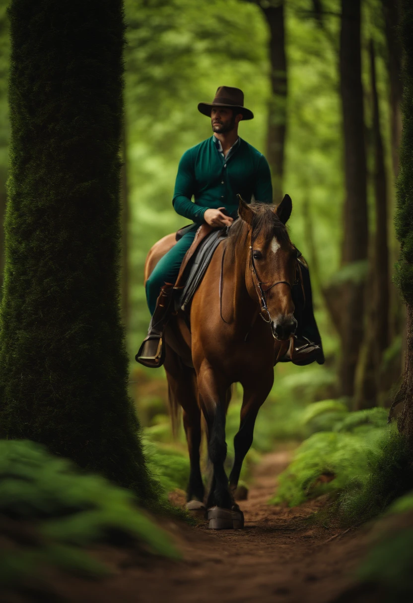 Imagine um homem fotografando um cavalo na floresta，Estilo verde 4K.