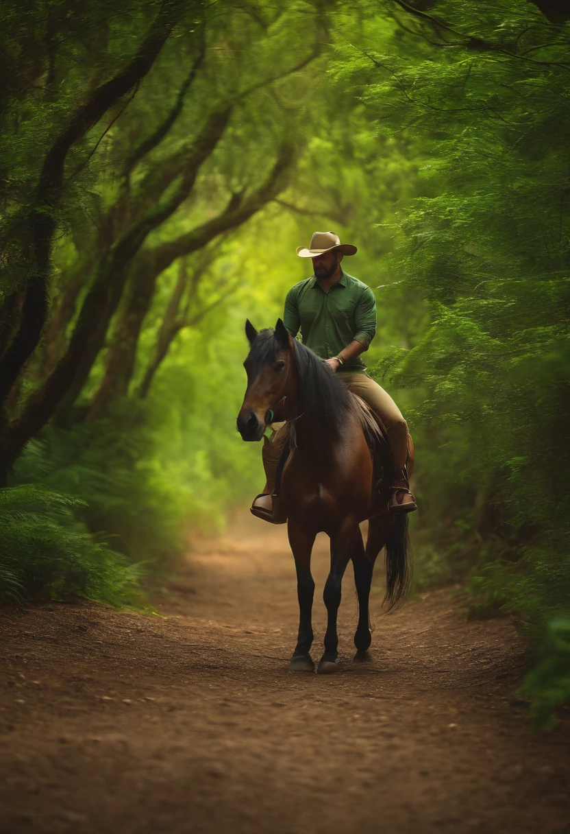 Imagine um homem fotografando um cavalo na floresta,Estilo verde 4K.