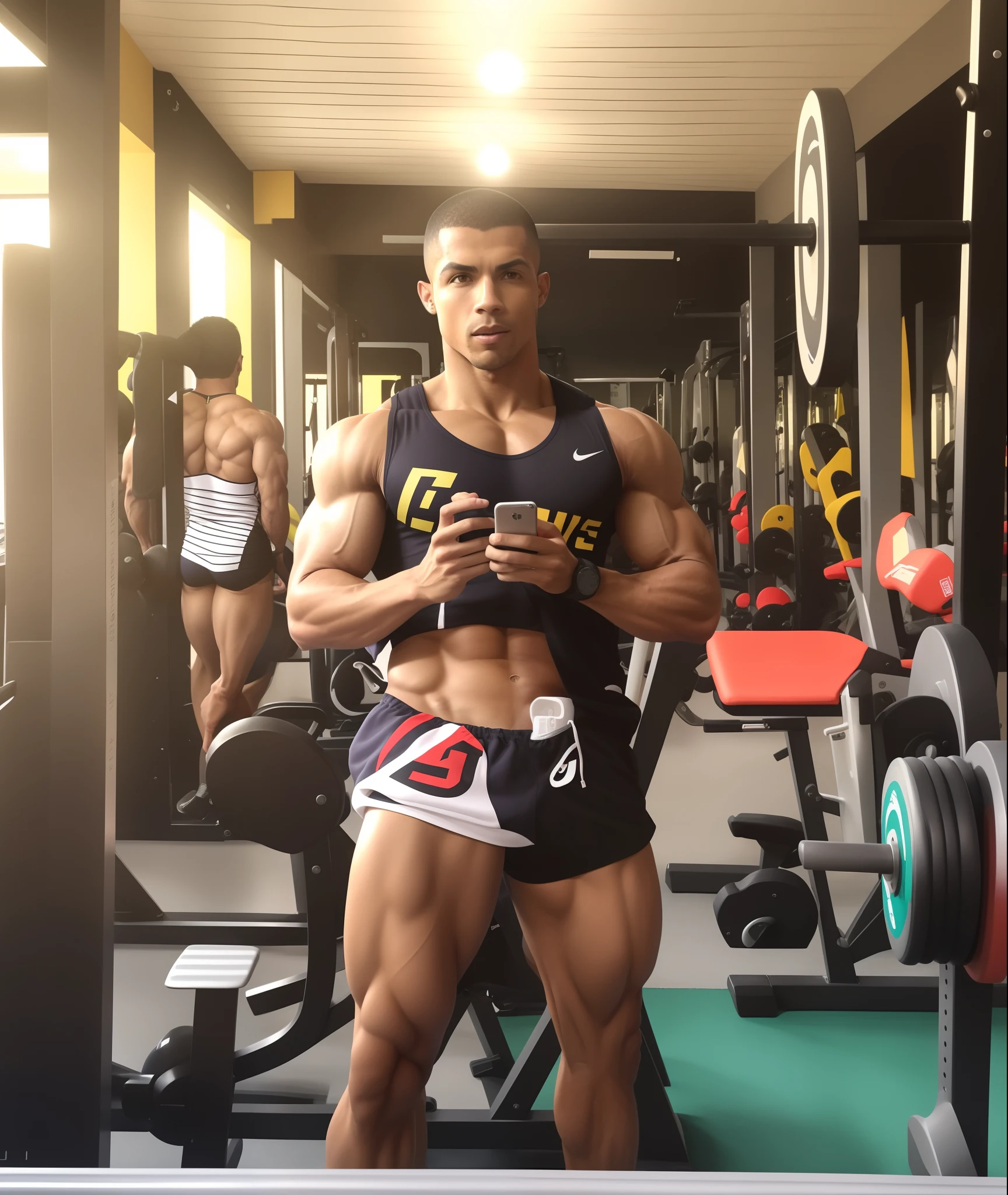 Obra prima de melhor qualidade, There's a man who's standing in a gym with a cell phone, em uma academia, malhar, IFBB Corpo Fitness, foto fit, Posar e flexionar, Ronaldo Nazario Fenomeno, com abdominais, andres rios, Cottagecore!! corpo fitness, ele tem 3 5 anos, Coxas!!!!!!, strong upper arms, legs and arms