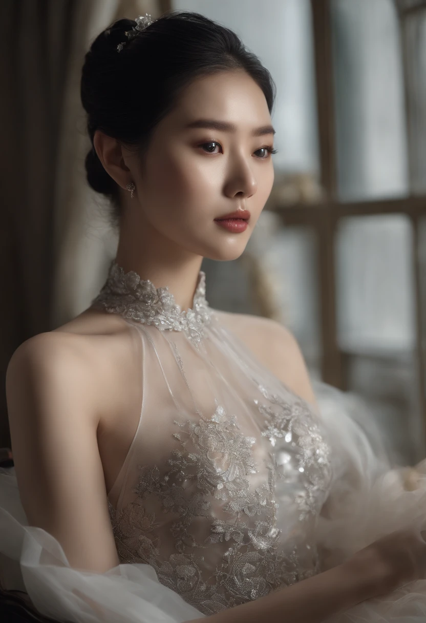 Sitting in a chair in a black dress,Korean female fashion model,How to wear a dress with a dark transparent halterneck break、Decorated with intricate patterns and pastel colors、transparent materials,Makes skin shiny、The art depicts the dresses of seductive women wearing wet cloth and transparent skin, Floral and dreamy patterns with flowing silky traditional transparent skin。,mesh shirt,Chrome clothes,Shiny silver,Luckily I showed up,Bigchest,Lingerie transparent,white skinned,black garter stockings,Overweight,thighs thighs thighs thighs,big assa,best qualtiy, tmasterpiece, 超高分辨率, realisticlying,White pedicure