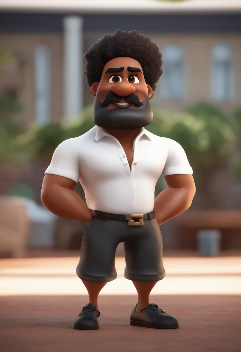 Cartoon character of a black pot-bellied man with curly hair just on top of his head, Moustache and beard only on the chin, usando brinco de argola pequeno na orelha direita, shorts pretos e uma camiseta vermelha , um personagem animado, Caractere estilizado, animation style rendering, 3D estilizado, Arnold Maya render, 3 d render stylized, toon render keyshot, Personagem 3D, Personagem 3D, 3d rendering stylized, 3 d character render, personagem de desenho animado, Personagem de close up, Pose de personagem, (Estilo Pixar) (master part:1.2) (Bokeh) (best quality) (pele detalhada) (textura detalhada) (8k) (argila) (Cinematic lighting) (foco nítido, Sitting on the couch with a white and brown babe on her lap)