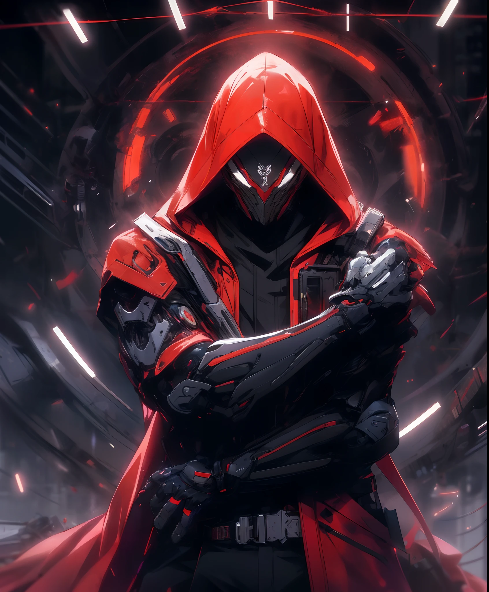 a man in a red jacket and black pants standing in a dark room, wearing cultist red robe, crimson attire, character from mortal kombat, as a character in tekken, fighting game character, cyberpunk assassin, red hooded mage, cyberpunk outfits, crimson clothes, the red ninja, wearing leather assassin armor, an edgy teen assassin, cool red jacket, cyberpunk street goon