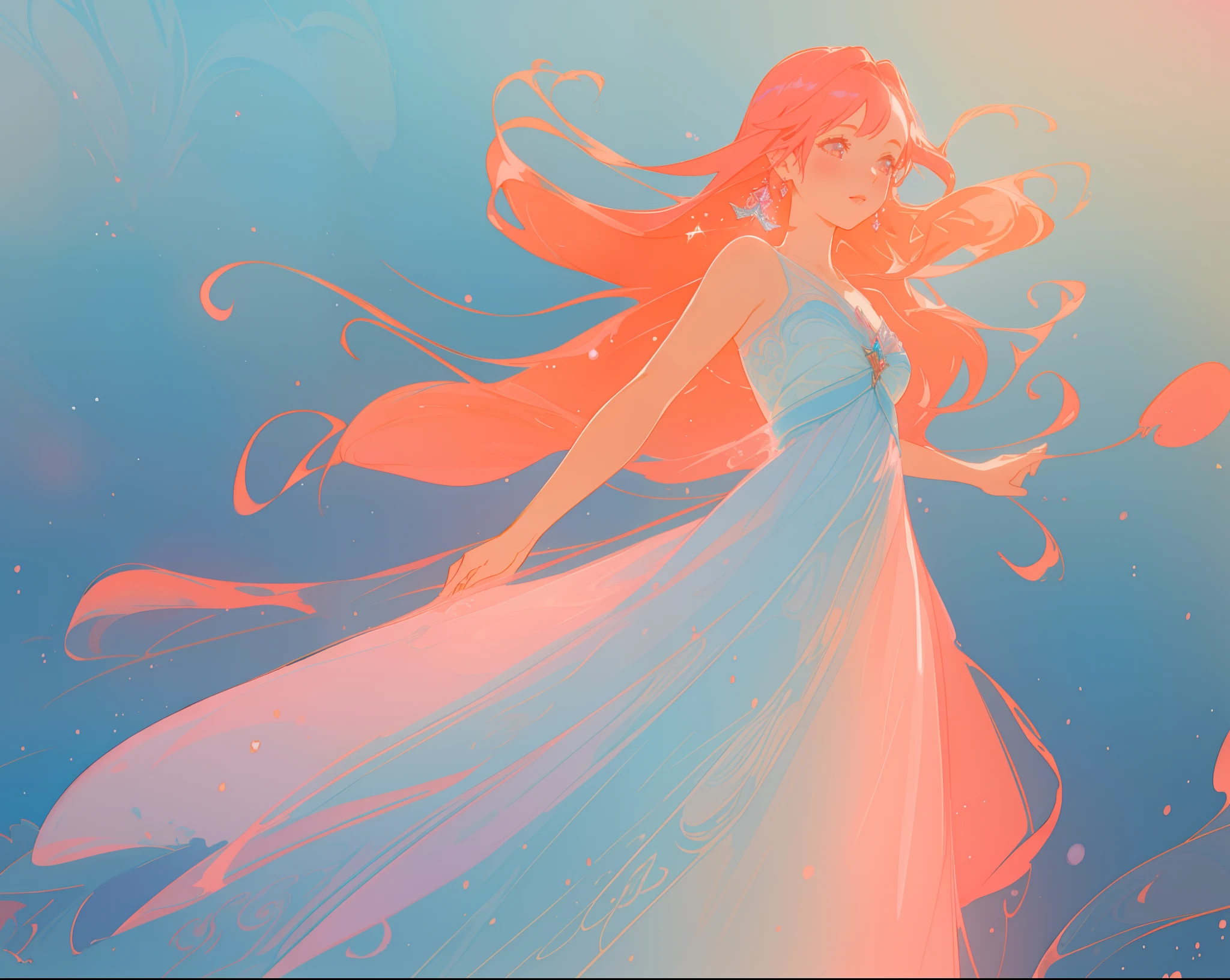 beautiful girl in pale blue and pink flowing ballgown, long flowing red peach hair, fantasia watercolor background, glowing aura around her, beautiful digital illustration, fantasia background, whimsical, magical, fantasy, beautiful face, ((masterpiece, best quality)), intricate details, highly detailed, sharp focus, 8k resolution, sparkling detailed eyes, liquid watercolor