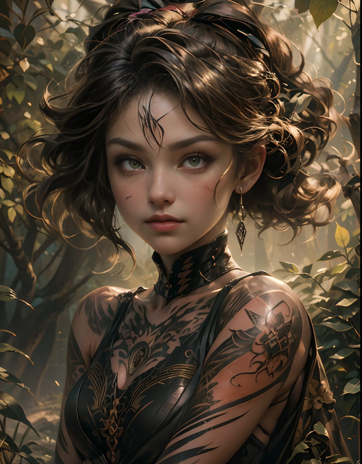 award-winning oil painting, (((Human Hunter, Wild-women, Strong, toned tattooed body, silky hair), (hunting, bow and arrow), (wild, tight body, agile, hunting posture)), (deep night forest), (hunting big cat))) detailed, soft focus, brown body, marking on face, tribe women, Hunter, Night Hunting, Sneaking, focused on hunting ,, photorealistic oil painting, by charlie bowater, fine details, by wlop, trending on artstation, very detailed, natural beauty