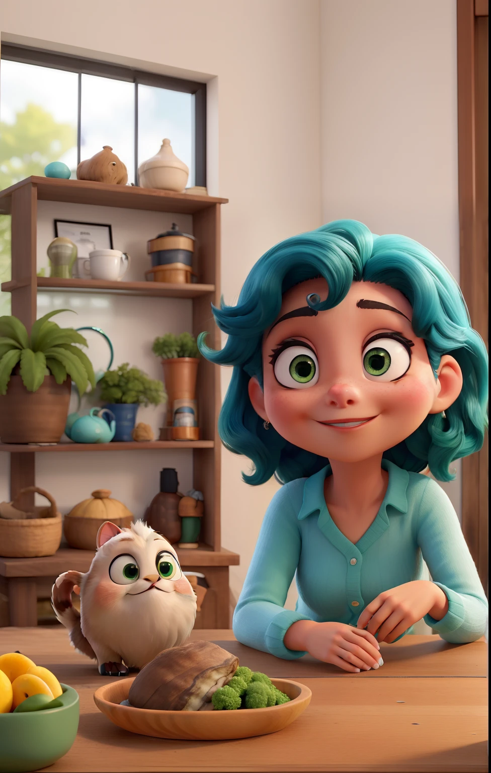Obra-prima, de melhor qualidade, um casal, a mulher tem cabelos escuros longos ondulados, olhos castanho claro, pele clara o homem tem pele escura, cabelo curtinho e barba com bigode e cavanhaque e olhos pequenos com sorriso, segurando no colo uma gata branca com um olho verde e o outro azul