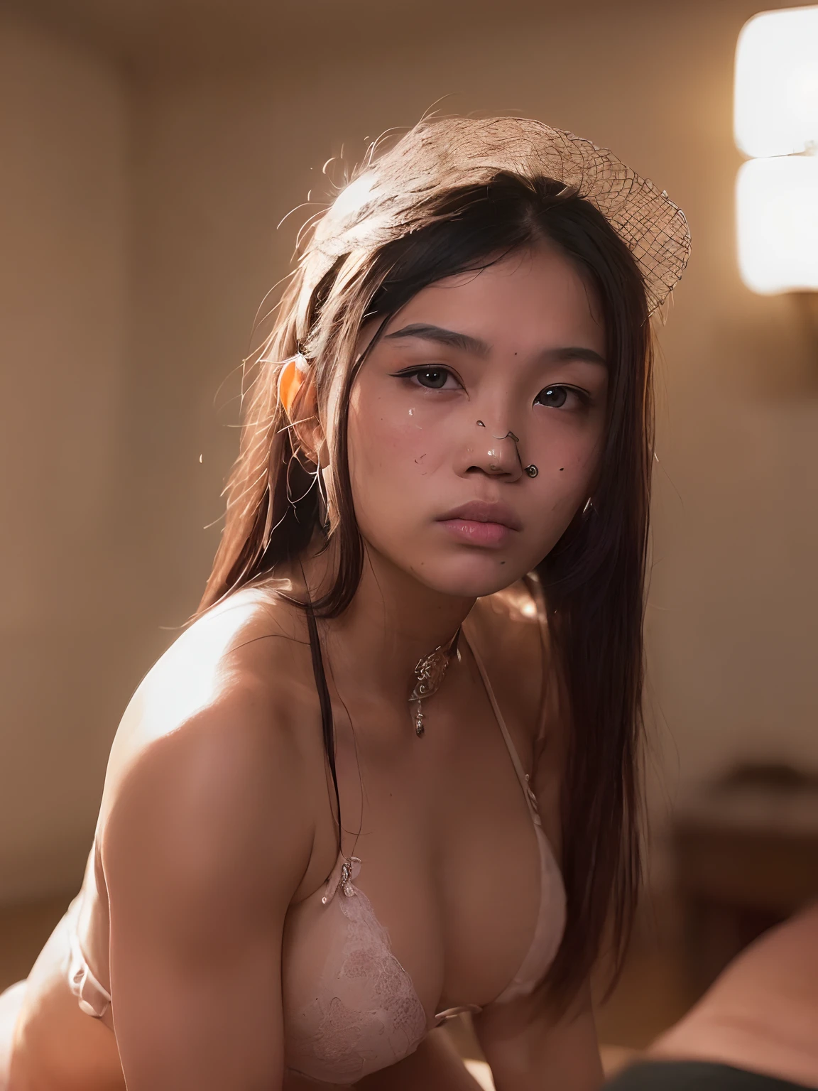 (editorial photograph of a beautiful 18 year old Indonesian woman:1.7), (microbikini:1.5), (highly detailed face:1.5), (muscles:1.7), (sitting on the bed:1.2), (background inside light, bright, private bedroom), (8k, uhd, dslr, high quality, cinematic lighting, bokeh), (dramatic, award winning photography, incredible masterpiece:1.3), super sexy pose, female fitness model body, masterpiece, perfect posture, ((((she is very bruised and battered from fighting and defeating a man in bareknuckle boxing))))