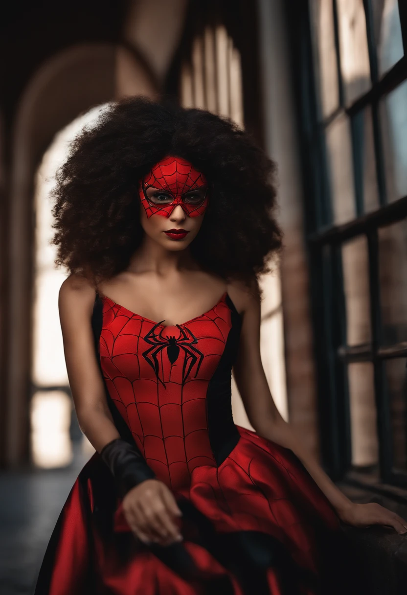 negro, Eyeglasses, cabelos cacheados da cor preto, Spiderman dress in black costume with red without mask.
