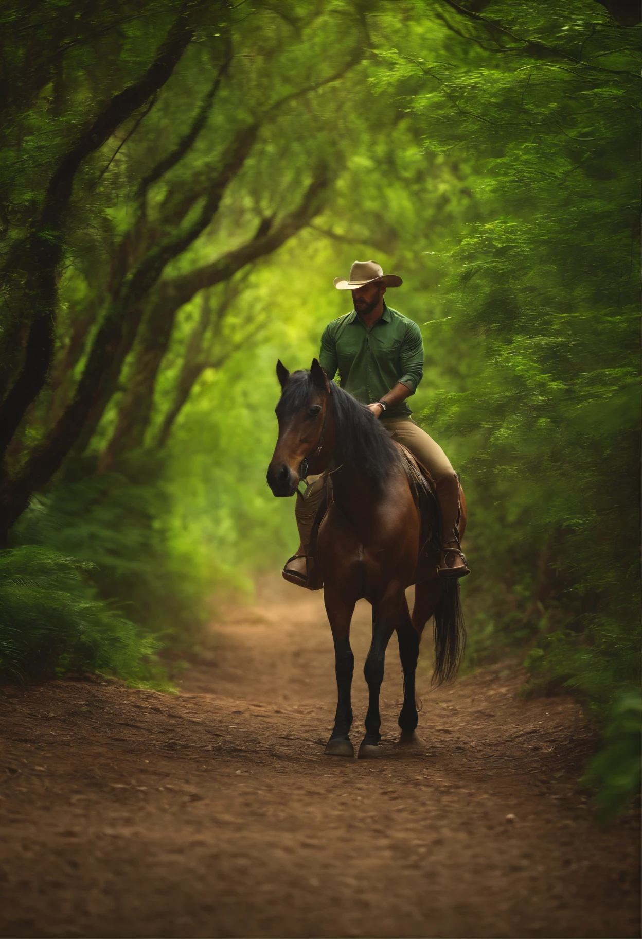 Imagine um homem fotografando um cavalo na floresta,Estilo verde 4K.