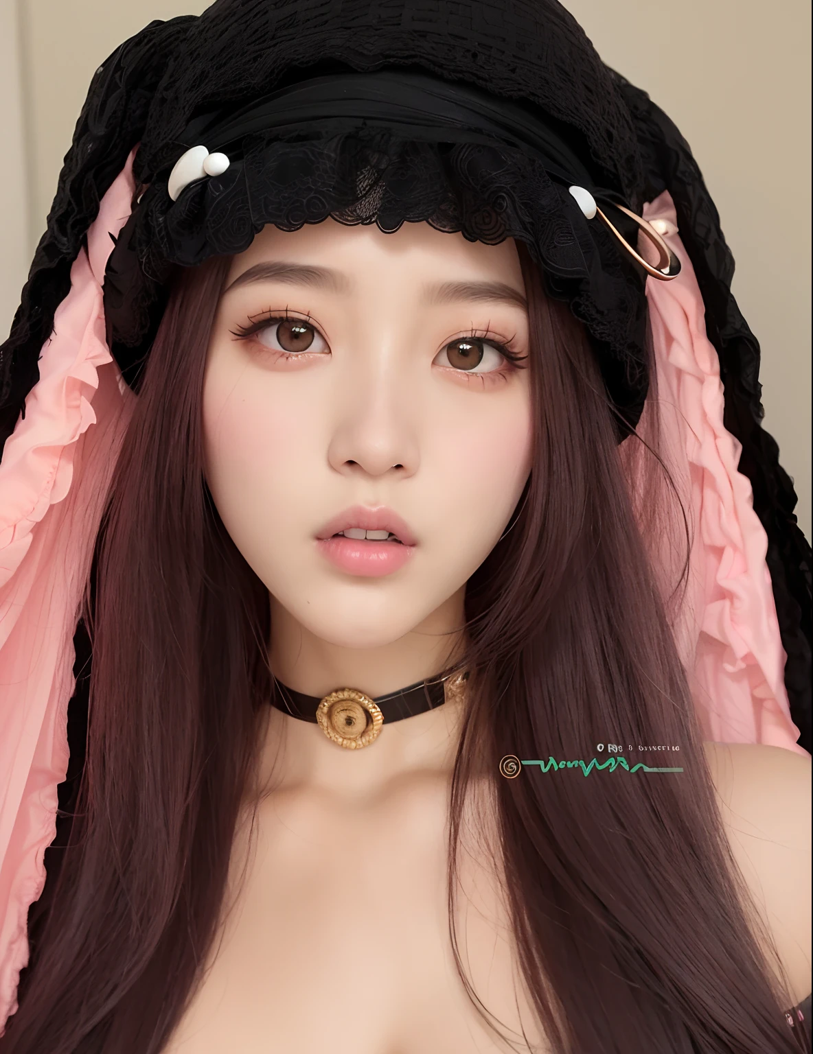 Un primer plano de una mujer con el pelo rojo con un sombrero negro, Hermosa Delphine, con el pelo largo y rojo, peluca roja, pale red, crimson red hair and red eyes, con orejas de conejo largas y flexibles, con el pelo rojo, red tinted hair, Estilo de color rosa y rojo, con orejas de conejo, Dulce conejita ultrarrealista, Ava Max, cabello negro y rojo