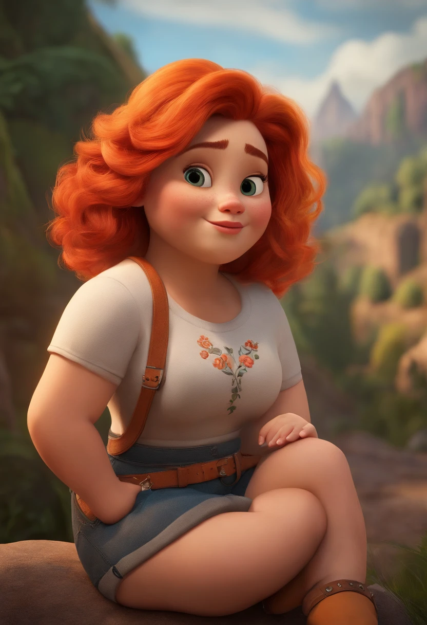 Create a Disney Pixar character: she's chubby, straight, half-orange hair, tattoo on her arm, lay shorts and top