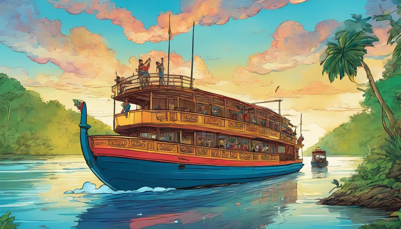 a double-decker boat with a group of 10 tourists navigates a wide river in the Amazon rainforest, with vibrant lighting, cores vibrantes, Blue sky with few embedded clouds, estilo de aquarela (melhor qualidade,mais alto,Ultra - Detalhado,Realistic:1.2)