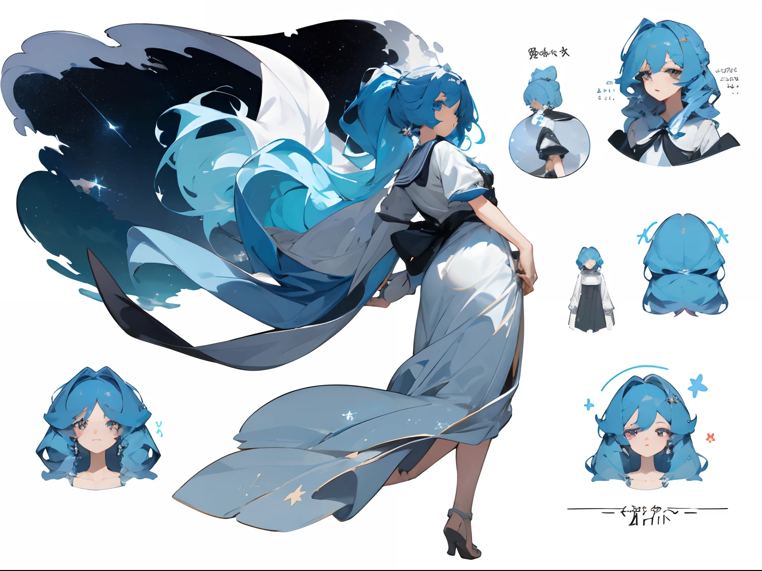 ((masterpiece)), (((best quality))), (character design sheet, same character, front, side, back), Illustration, 1 girl, hair color, hairstyle fax, piper girl, eyes, environment change, cloud fashion, flowy puffy hair, starry eyes, sea, ocean fashion, hairstyle fax, pose kotai, female, shirt shangyi, stars, charturnbetalora, (simple background, white background: 1.3) ,--6