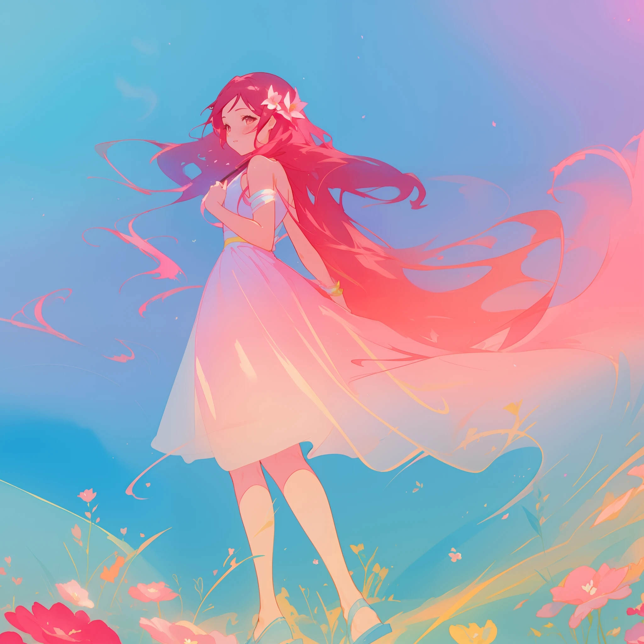 beautiful girl in flowing gradient pink ballgown, long flowing red pink hair, vibrant pastel colors, colorful fantasia background, watercolor illustration, glowing aura around her, fantasia otherworldly landscape plants flowers, beautiful, masterpiece, best quality, anime disney style, beautiful face