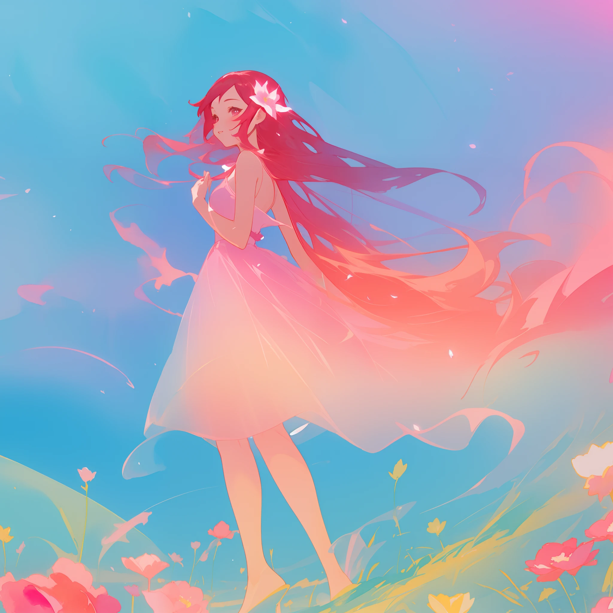 beautiful girl in flowing gradient pink ballgown, long flowing red pink hair, vibrant pastel colors, colorful fantasia background, watercolor illustration, glowing aura around her, fantasia otherworldly landscape plants flowers, beautiful, masterpiece, best quality, anime disney style, beautiful face