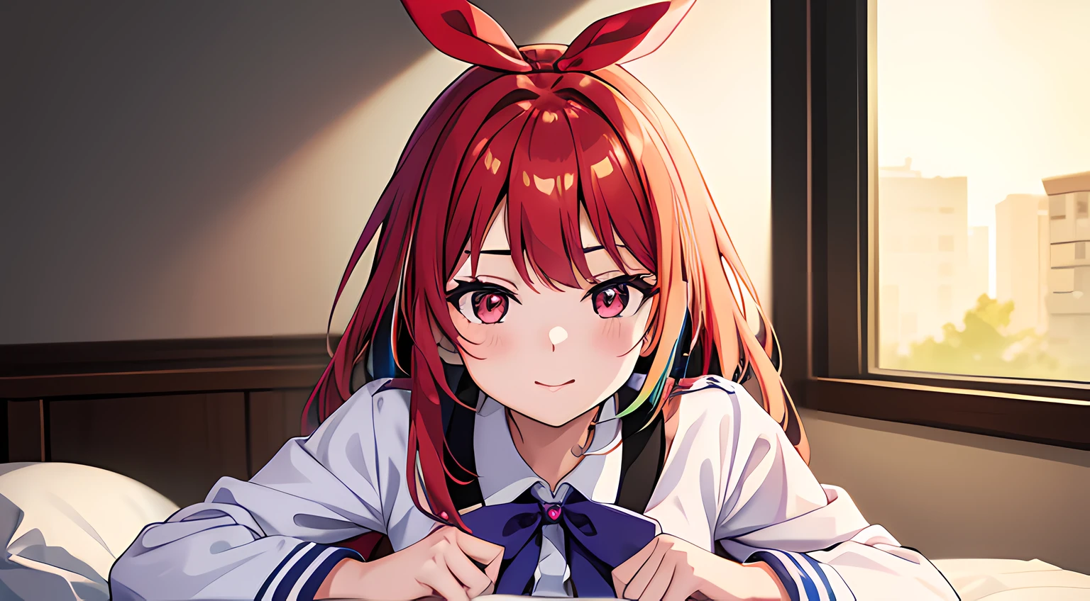 Engage Kiss,kisara,a beauty girl,Multicolored hair,Cute uniform,smil,Ribbon on uniform,a bed,beautiful a girl,yandere,possessive case,Perfect Beautiful Girl,超A high resolution,masterpiece,Happy beautiful girl,
