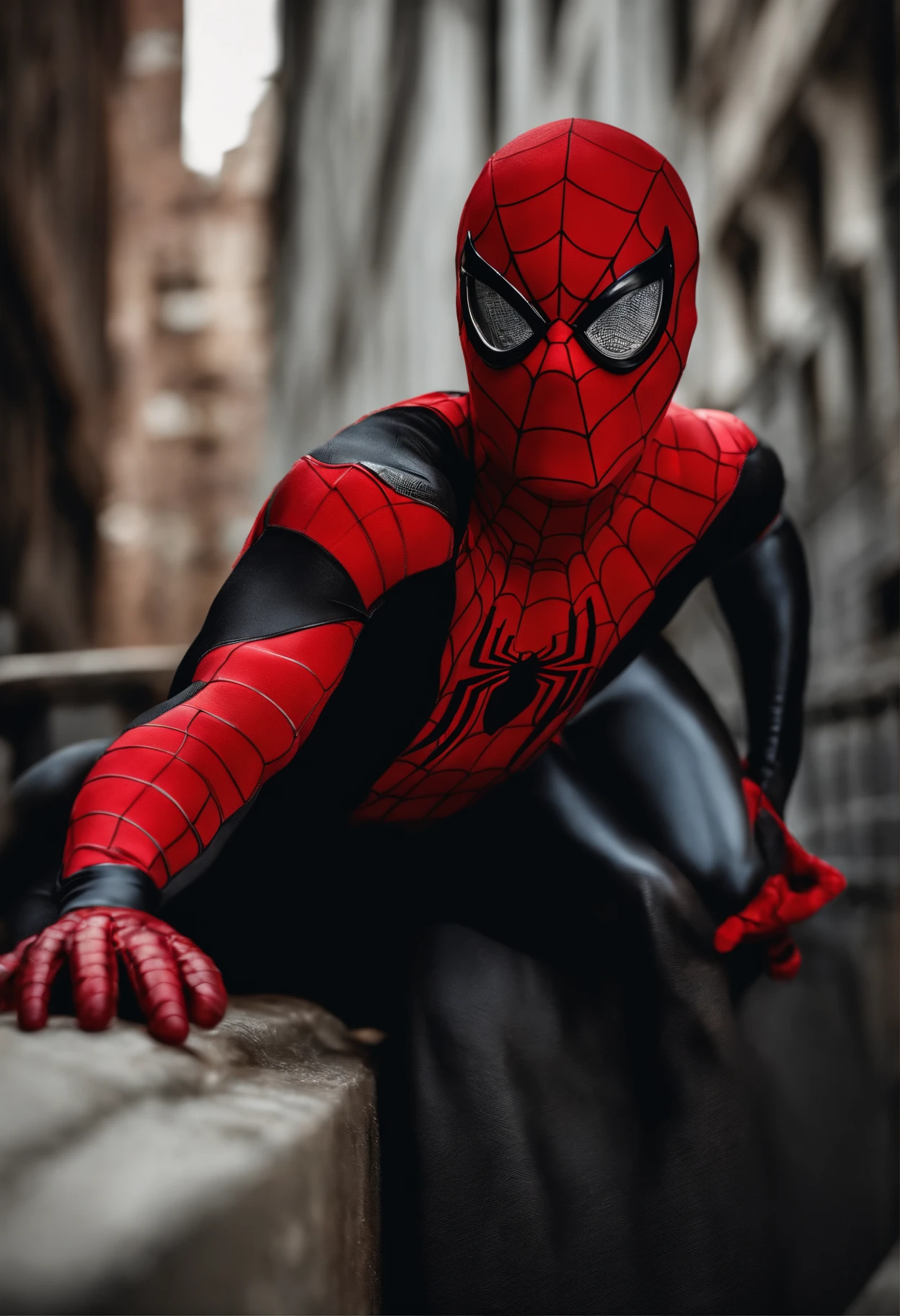 negro, Eyeglasses, cabelos cacheados da cor preto, Spiderman dress in black costume with red without mask.
