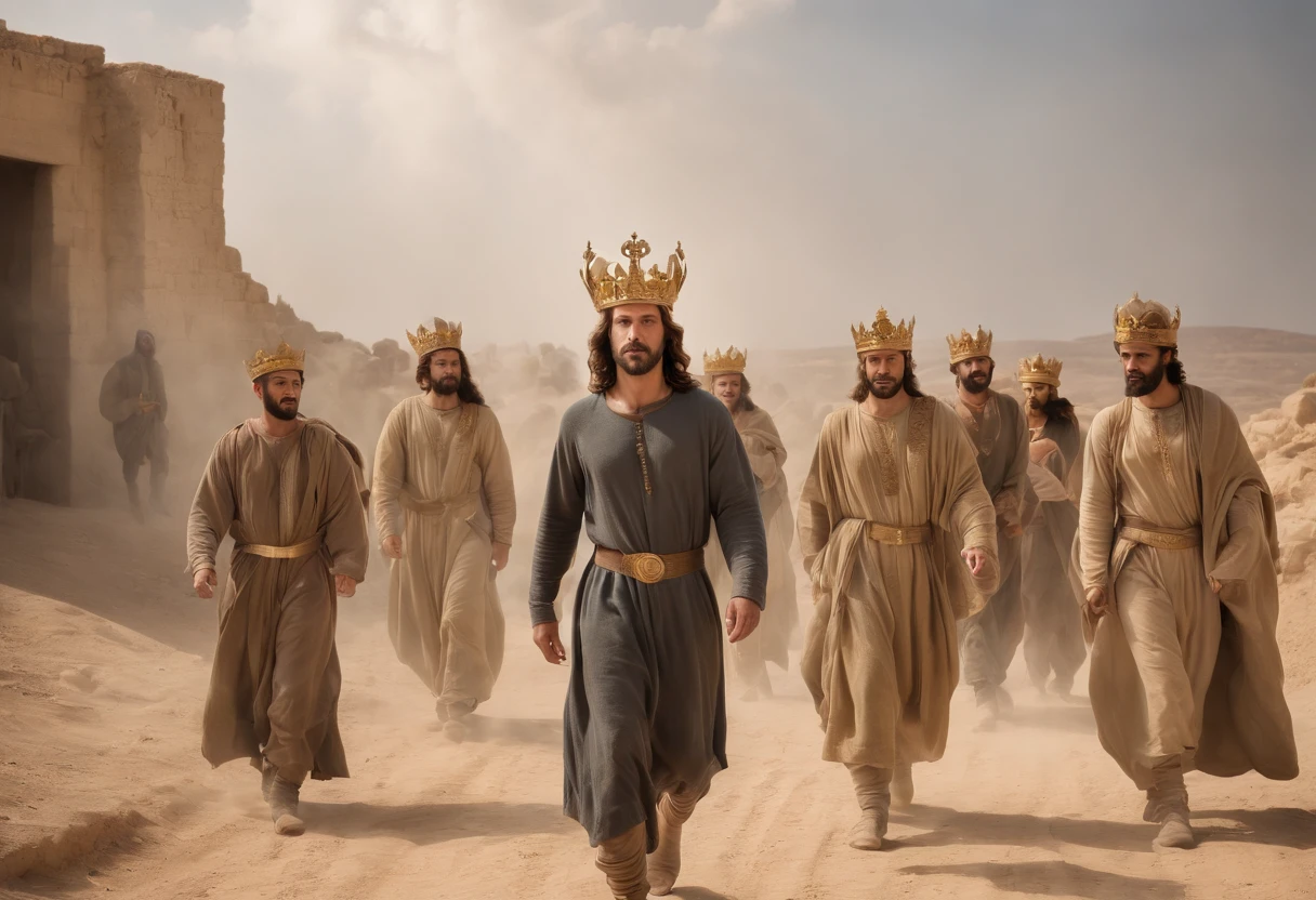 Compose a photograph that reflects a Spielberg-inspired depth of narrative, showing a man resembling Jesus adorned with a gold crown, alongside seven angels, each with a golden trumpet in hand, looking down from the clouds towards Israel. The visual flow moves from left to right, with Jesus and the angels depicted as though arriving over an apocalyptic scene below. The setting on the ground is a dramatic battlefield in Israel, with two opposing forces: the Israeli military and a terrorist faction, engaged with soldiers, tanks, and explosions. The image replicates the use of a Blackmagic URSA camera, in a landscape format with HDR, a dramatic atmosphere, film grain, an anamorphic lens for a wide field, and saturated, realistic details