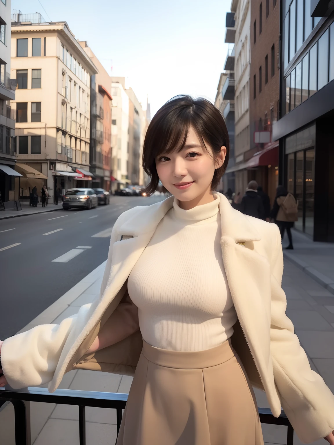 ((masterpiece))、((top-quality))、a picture、Realisticity、high-level image quality、ultra-detailliert、married woman、age 30s、Delicate facial features、short-cut、Realistic backgrounds and accessories、large full breasts、Sexy smile、natta、Inside the city、wide Shots、Winter black coat、Beige inner、tight skirts、