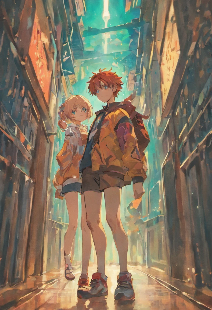 a couple of anime characters standing next to each other and happily posing for a picture (Boy and Girl), a blue vibrant color pallet, lightly smiley faces, casual clothes, 8k, high quality, ray tracing, looking at the camera, holding phones