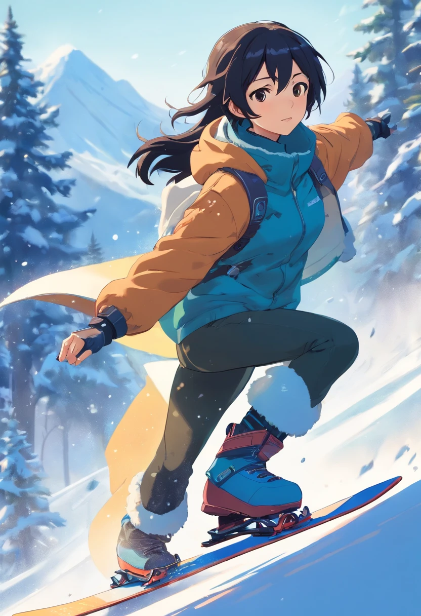 Female Long Black Haired Snowboarder in Cattle Rider Costume, kalap, Arena Action Sports, estilo de arte detalhado atraente, Estilo Italiano Tradicional,estilo de arte impressionante, stunning digital illustration, Arte conceitual de inverno, bela arte digital, papel de parede de alta qualidade, estilo de arte anime de alta qualidade, 1024px, estilo de arte conceitual.