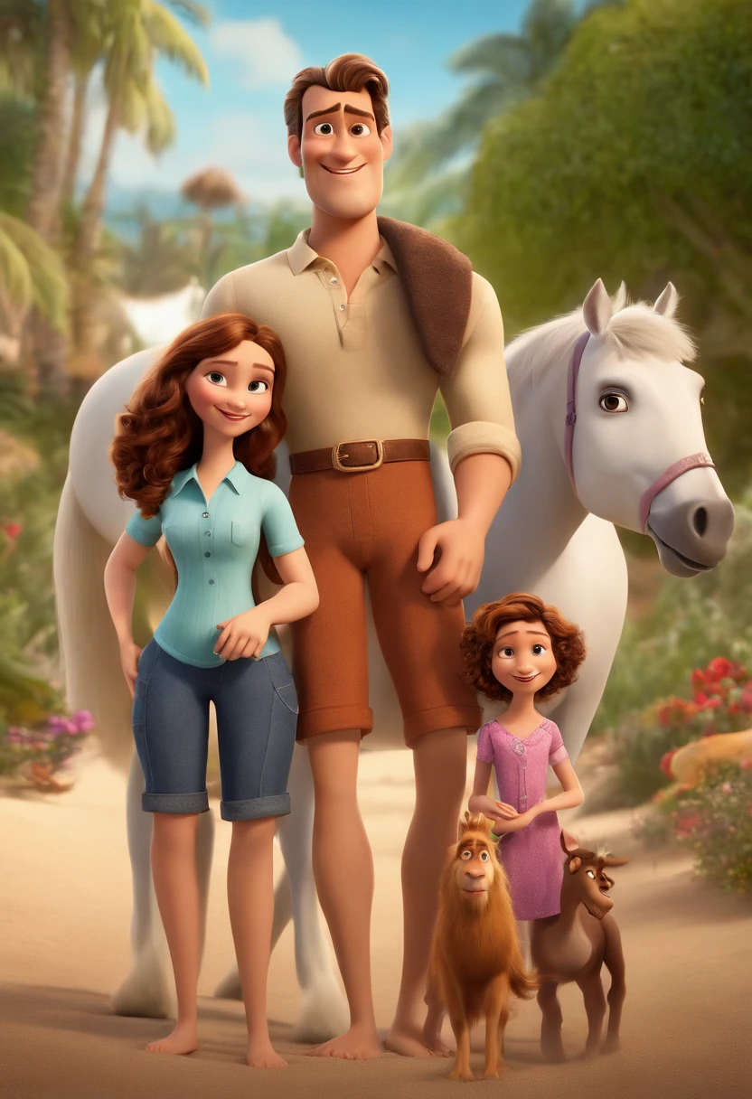 a Disney Pixar movie poster showing a white-skinned family. The father is the tallest, Tem barba curta, grisalho, short, prickly hair slicked back, nariz redondo, boca larga e sorrindo. The mother has brown eyes and hair, shoulder-length and is slightly overweight. A tem 18 anos e cabelos castanhos enrolados na altura da cintura, a outra menina3 anos cabelo castanho, olhos claros roupa rosa e rabos de cavalo. The background is a beach garden. 3D-rendering