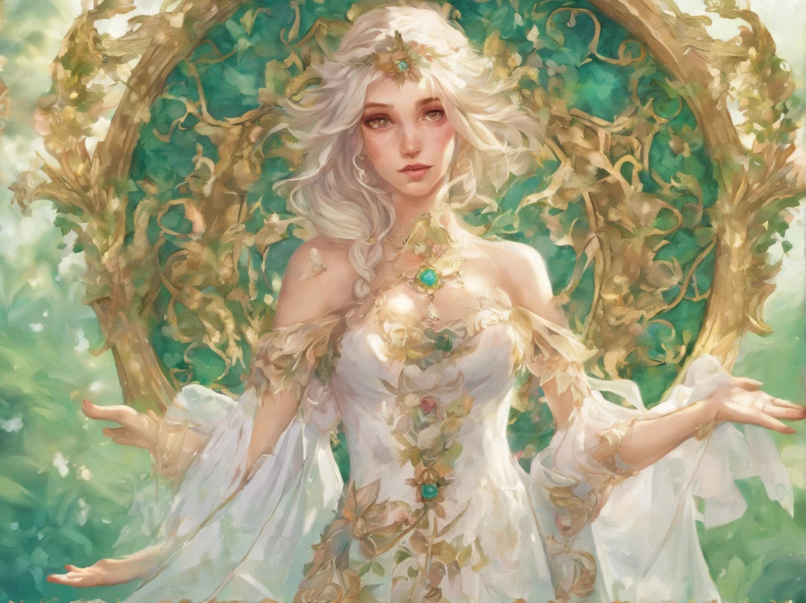 Mulher , adulta , roupas longas , cabelo verde azulado , Tattoos on the arm, roupas brancas , white dress , maga , magia , celestial , semideusa , 5-fingered hands