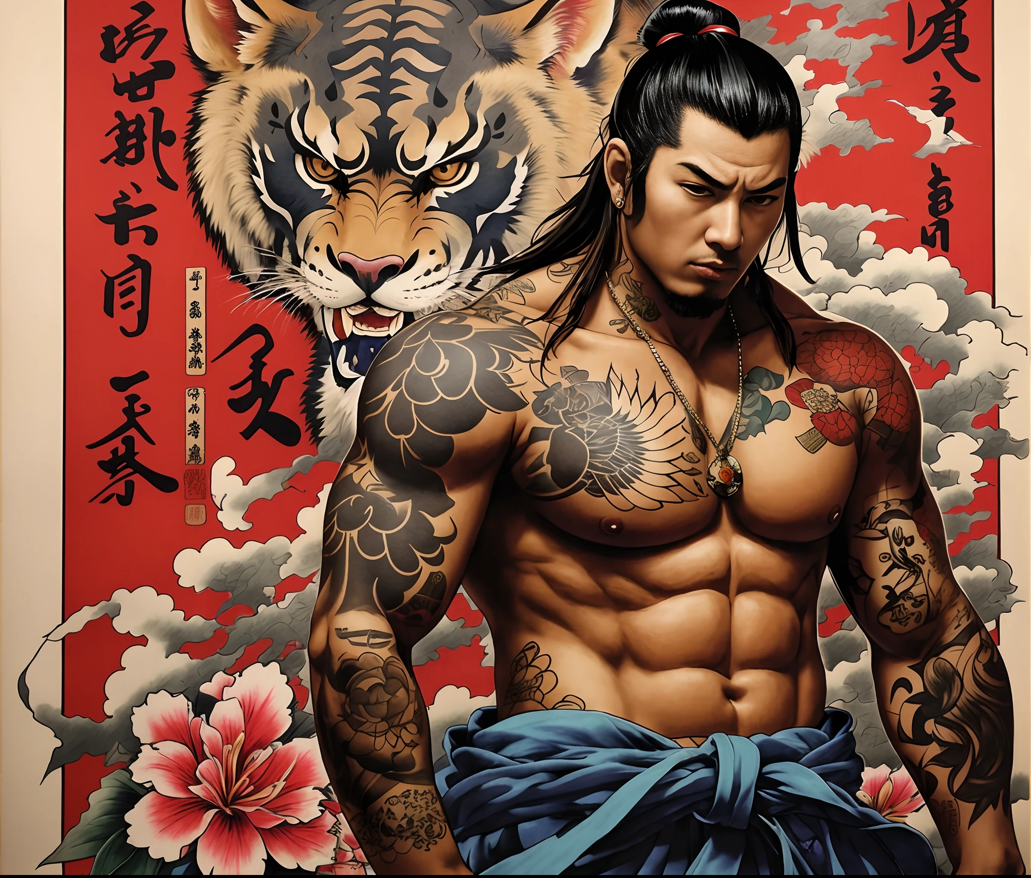 a sexy tattooed samurai man wearing fundoshi, while he's outside on a beautiful spring day preparing to commit seppuku, photorealistic, HD