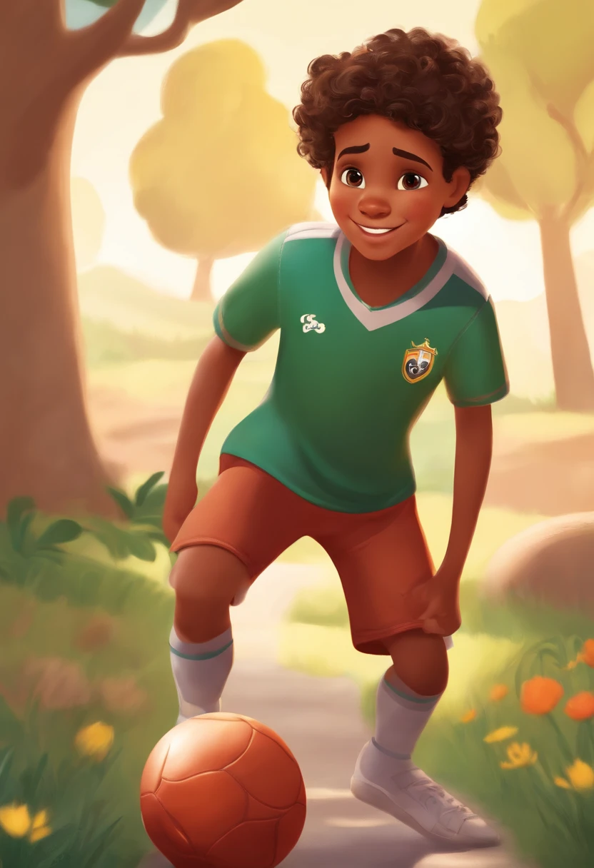 Image of a boy for a story in a YouTube video in Pixar format, He's Matthew, He's the class leader, He's outgoing, Playful and gets up for a lot of things, cabelo curto crespo, pele morena, olhos fundos, Friendly and playing football