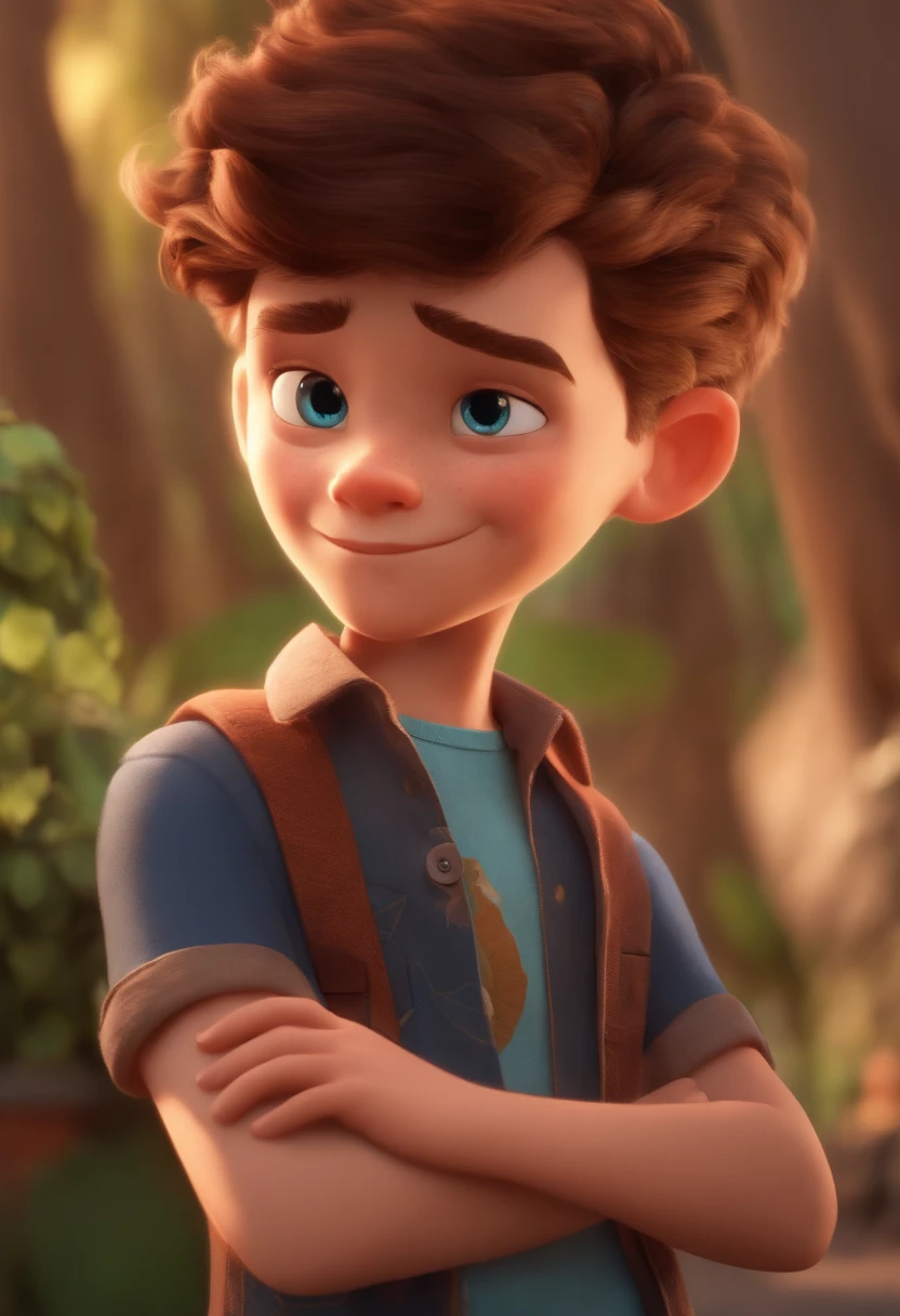 Image of a boy for a story in a YouTube video in Pixar format, He's the little allabester, He's the class leader, He's outgoing, Playful and gets up for a lot of things, cabelo curto