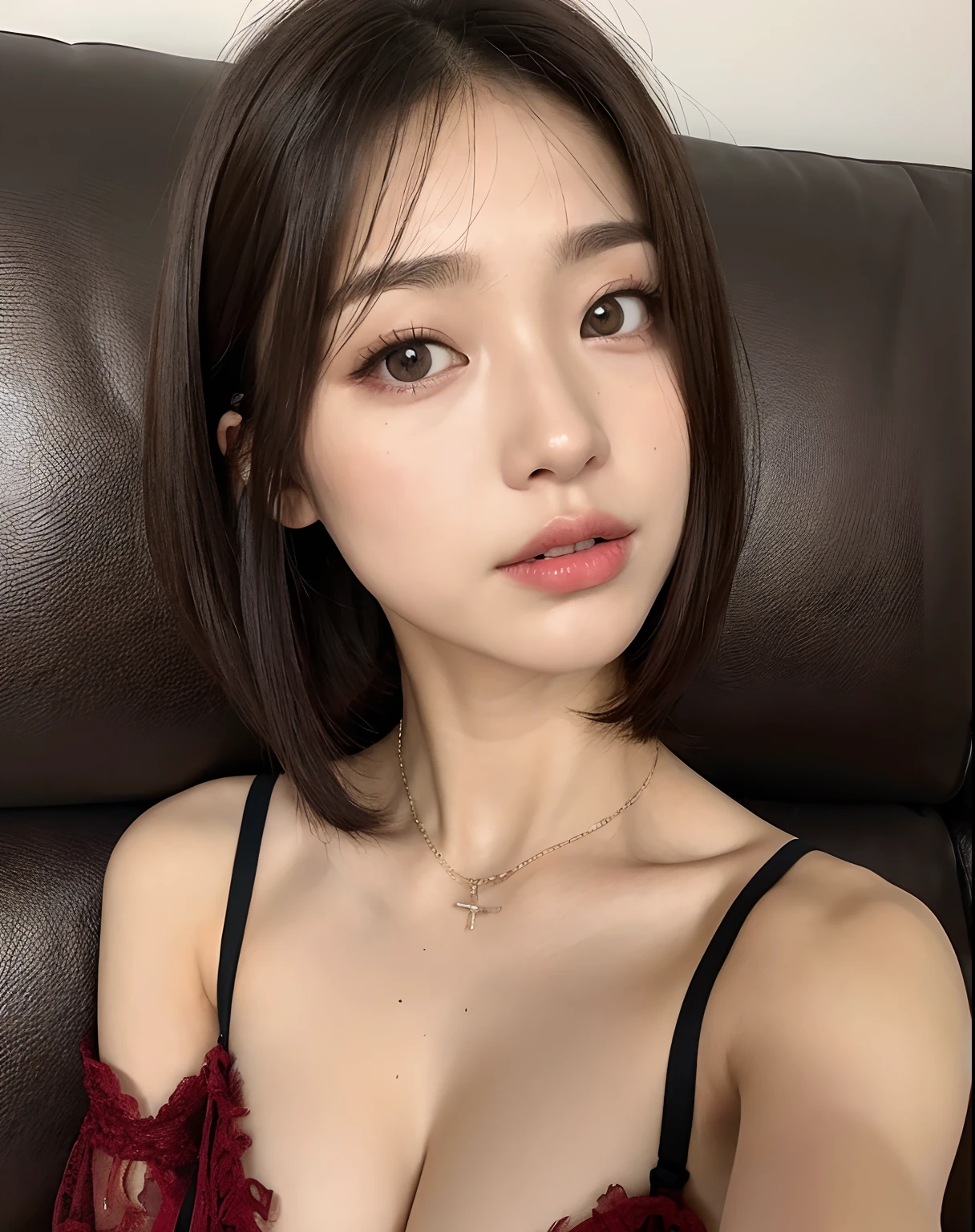 ((Best quality, 8k, Masterpiece: 1.3)), Sharp focus: 1.2, A beautiful Girl with perfect body: 1.4, Slim abdomen: 1.2, ((Tanned body, Large breasts: 1.2)),((Short Haircut:1)), (no bra) ,(Small and beautiful hard nipple), ((Dark Red shoulder less maxi showing large breasts)), (Night,Sofa: 1.2), Highly detailed face and skin texture, Detailed eyes, Double eyelid, ((Layered Haircut:1))((Simple jewellery On neck))