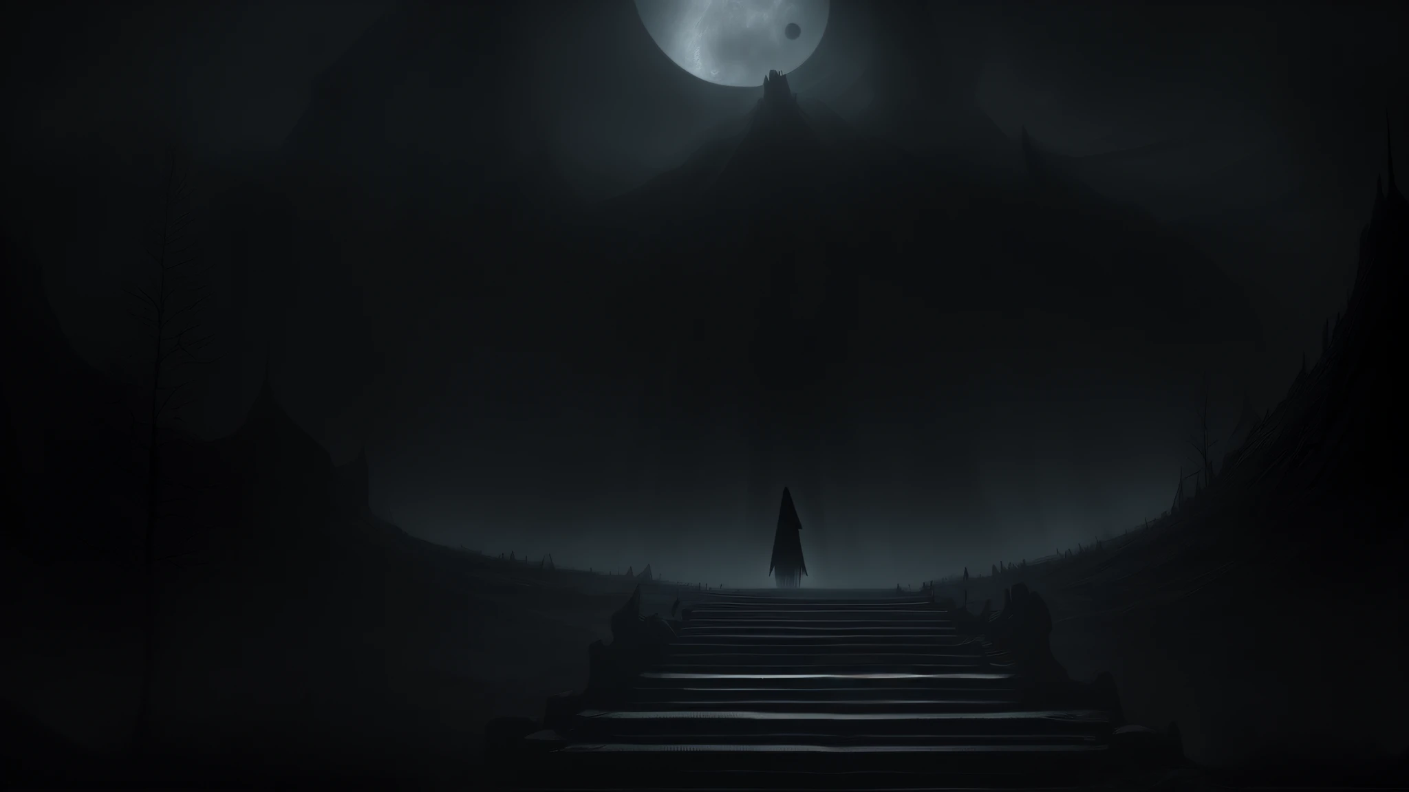 a lone person standing on a set of stairs in the dark, dark cloaked figure, an ominous fantasy illustration, dark fantasy background, cloaked dark night, dark atmosphere illustration, scary magical background, complete darkness background, 'lone dark figure'!!, on an empty moonlit hill, dark fantasy atmosphere, mysterious figure, moonlight in the darkness, dark wallpaper