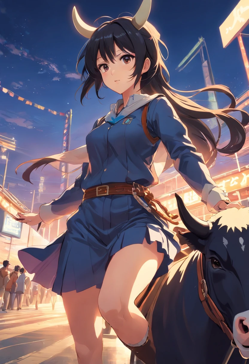 Female long black haired woman in cattle rider costume, kalap， Action Sports Arena, estilo de arte detalhado atraente, Estilo Italiano Tradicional，estilo de arte impressionante, stunning digital illustration, Arte conceitual de inverno, bela arte digital, papel de parede de alta qualidade, estilo de arte anime de alta qualidade, 1024px, estilo de arte conceitual.