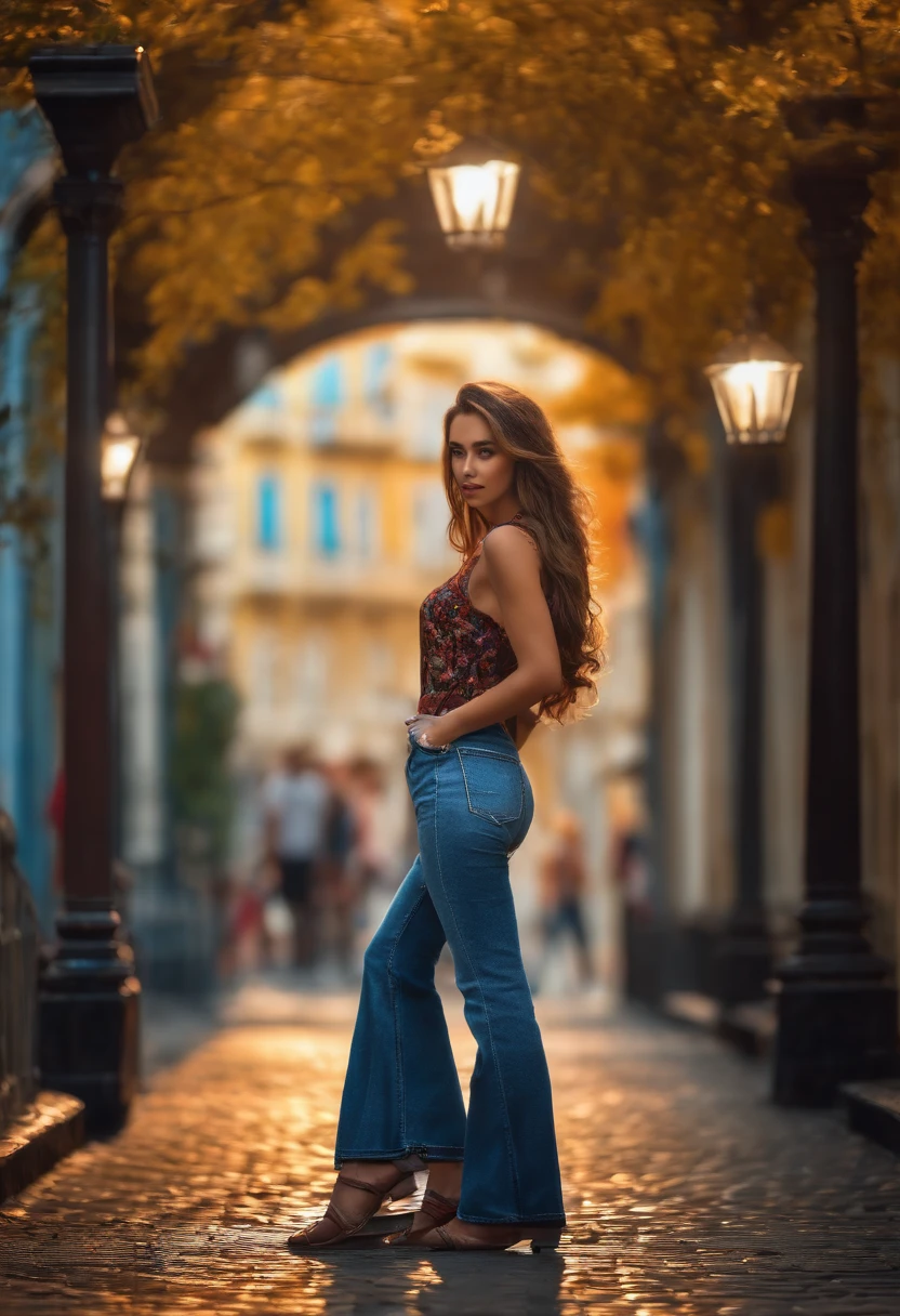 brunette, 1girl, cute, stairs, jeans, young, skinny, (3N1DS1NCL41R:0.9), realistic photo, extreme detail, street photo, {best quality}, {{masterpiece}}, {highres}