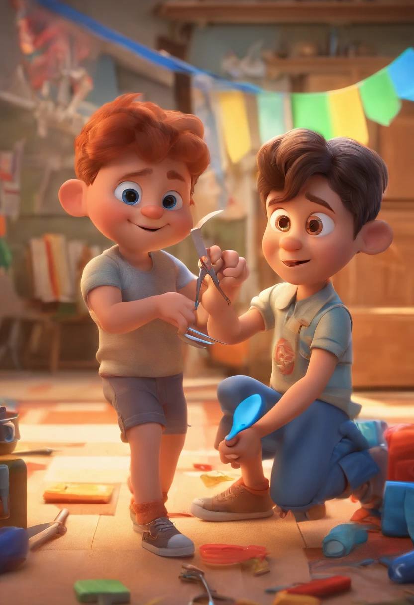 Estilo Pixar: The grown man is holding a naked blue-eyed boy and in his other hand he is holding a pair of scissors and is trying to cut off the boy's testicles,3D Poster,Disney