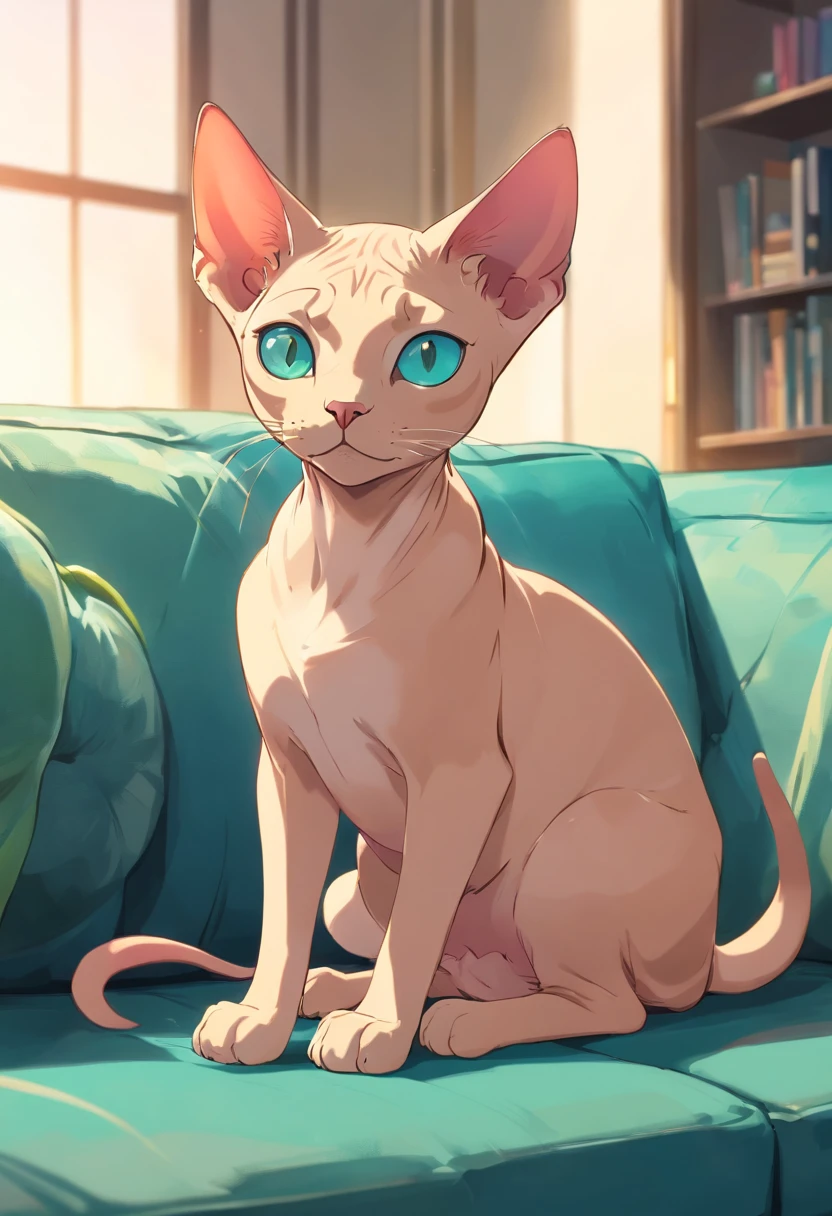 Sphynx cat with one cute blue and green eye on sofa