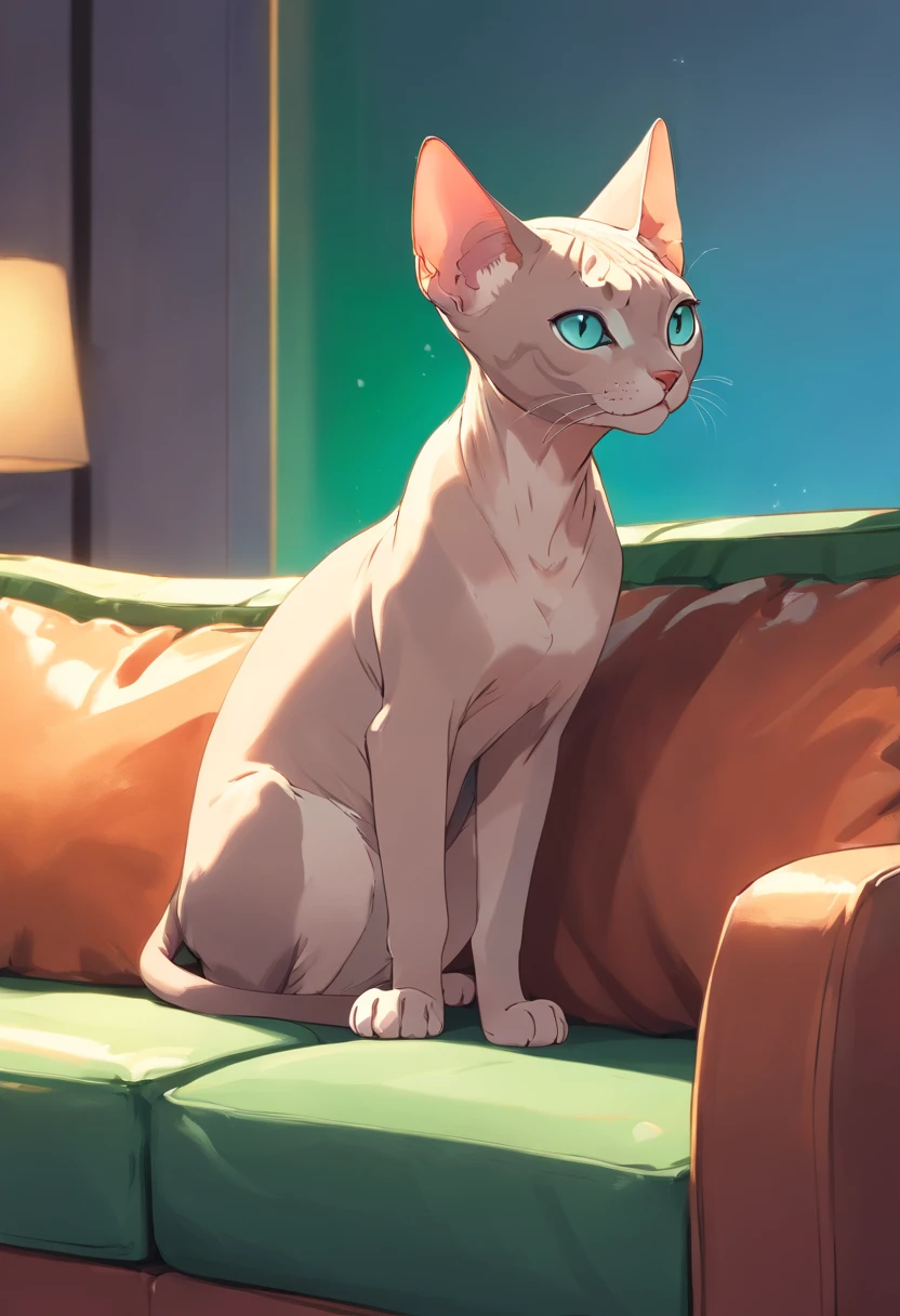 Sphynx cat with one cute blue and green eye on sofa