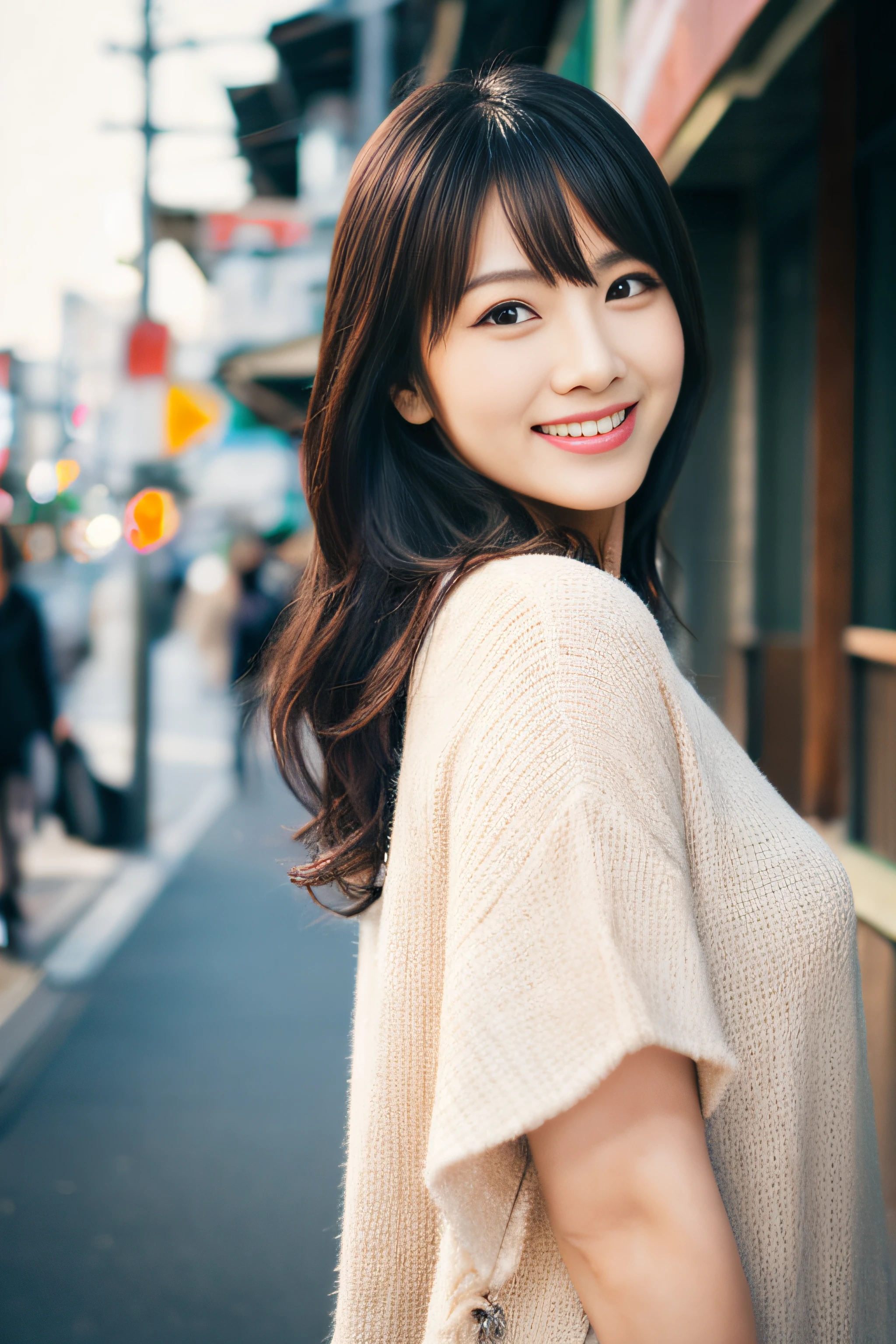 portlate、in 8K、hightquality、Realistic photo images、45 yers old、A Japanese Lady、Neat and clean wife、small tits、house wife、Reproduce natural and realistic eyes、Japan Person Stand、Beautiful black hair、Long hair、light make-up、octan render、beautiful  lighting、Composition of the golden ratio、Smiling face、dressed casually、Urban background、blured background、high-level image quality、Realistic photo images、A Japanese Lady、Pure Japan human features、Lovely wife、The upper part of the body、Suppin、Neat and clean beauty、A MILF、Sober clothing、greys、Beige、bloo、A slight smil
