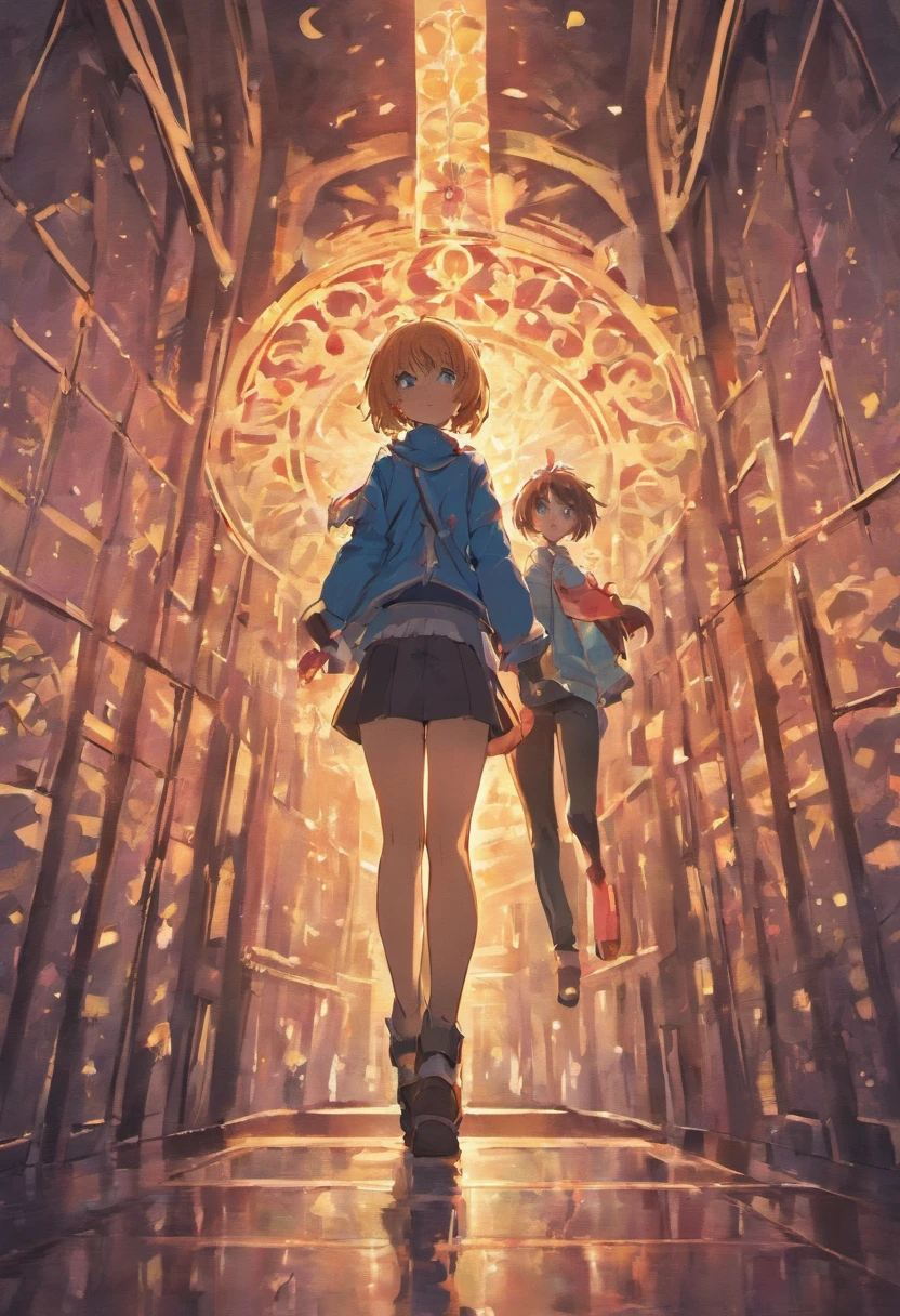 two people, female and male, full body, stand face to face, stand far away, female more shorter than male, two different background in each side,