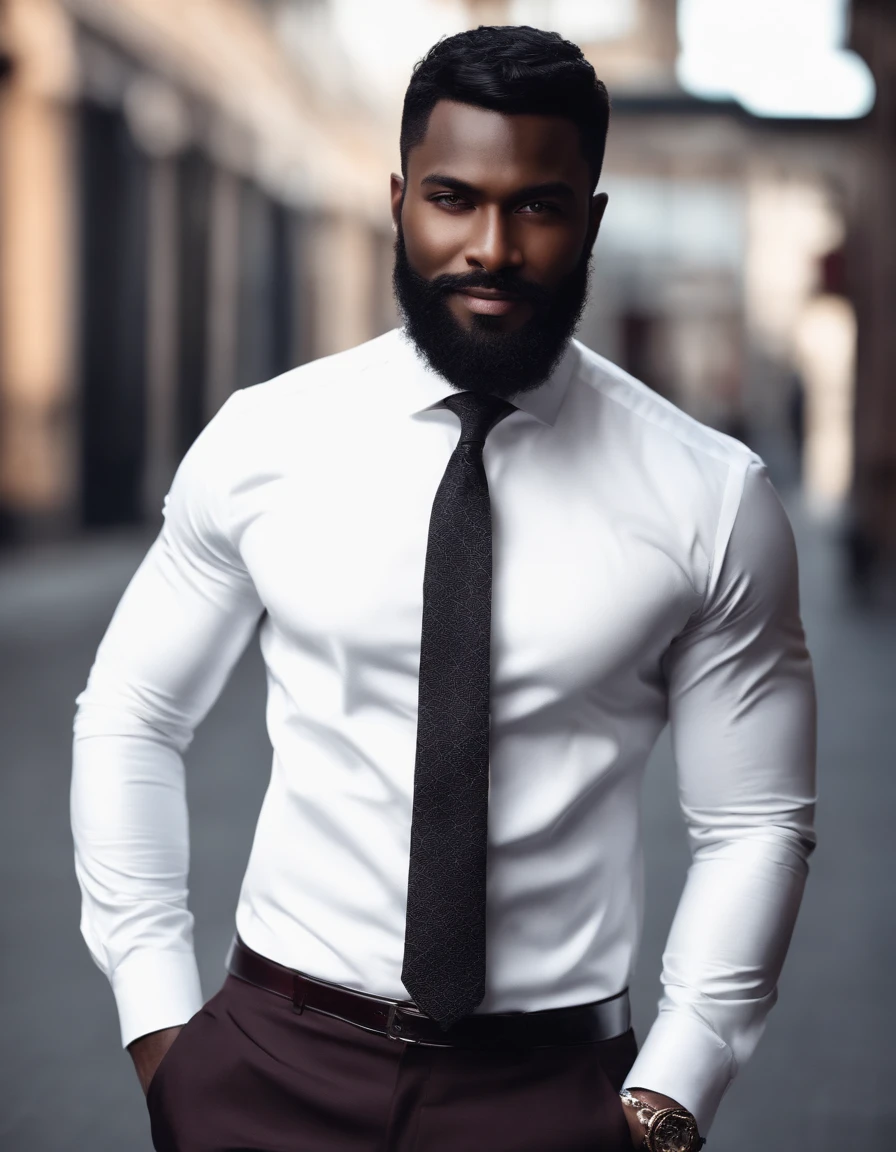 (black hair,dark beautiful skinned man,bearded:1.1), handsome man in a suit,detailed expression,stylish fashion,confident posture,smiling,sharp dress shoes,dark background,sophisticated lighting,professional portrait,realistic style,vibrant colors,high contrast,moody atmosphere,elegant appearance,perfectly groomed beard