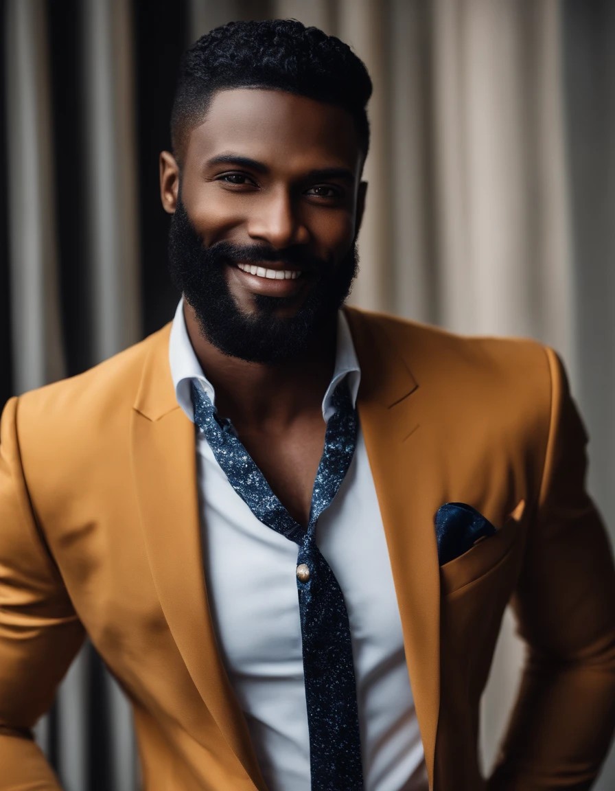 (black hair,dark beautiful skinned man,bearded:1.1), handsome man in a suit,detailed expression,stylish fashion,confident posture,smiling,sharp dress shoes,dark background,sophisticated lighting,professional portrait,realistic style,vibrant colors,high contrast,moody atmosphere,elegant appearance,perfectly groomed beard