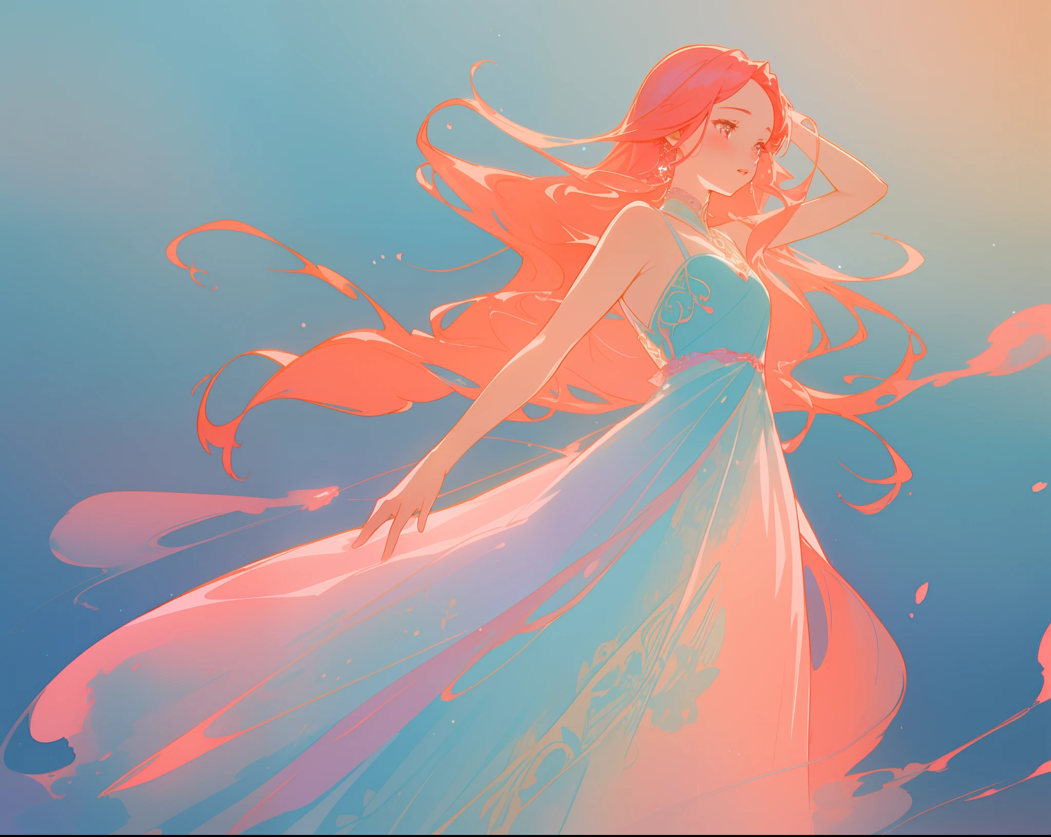 beautiful girl in pale blue and pink flowing ballgown, long flowing red peach hair, fantasia watercolor background, glowing aura around her, beautiful digital illustration, fantasia background, whimsical, magical, fantasy, beautiful face, ((masterpiece, best quality)), intricate details, highly detailed, sharp focus, 8k resolution, sparkling detailed eyes, liquid watercolor