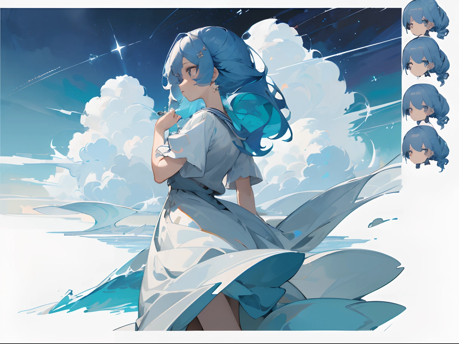 ((masterpiece)), (((best quality))), (character design sheet, same character, front, side, back), Illustration, 1 girl, hair color, hairstyle fax, piper girl, eyes, environment change, cloud fashion, flowy puffy hair, starry eyes, sea, ocean fashion, hairstyle fax, pose kotai, female, shirt shangyi, stars, charturnbetalora, (simple background, white background: 1.3) ,--6