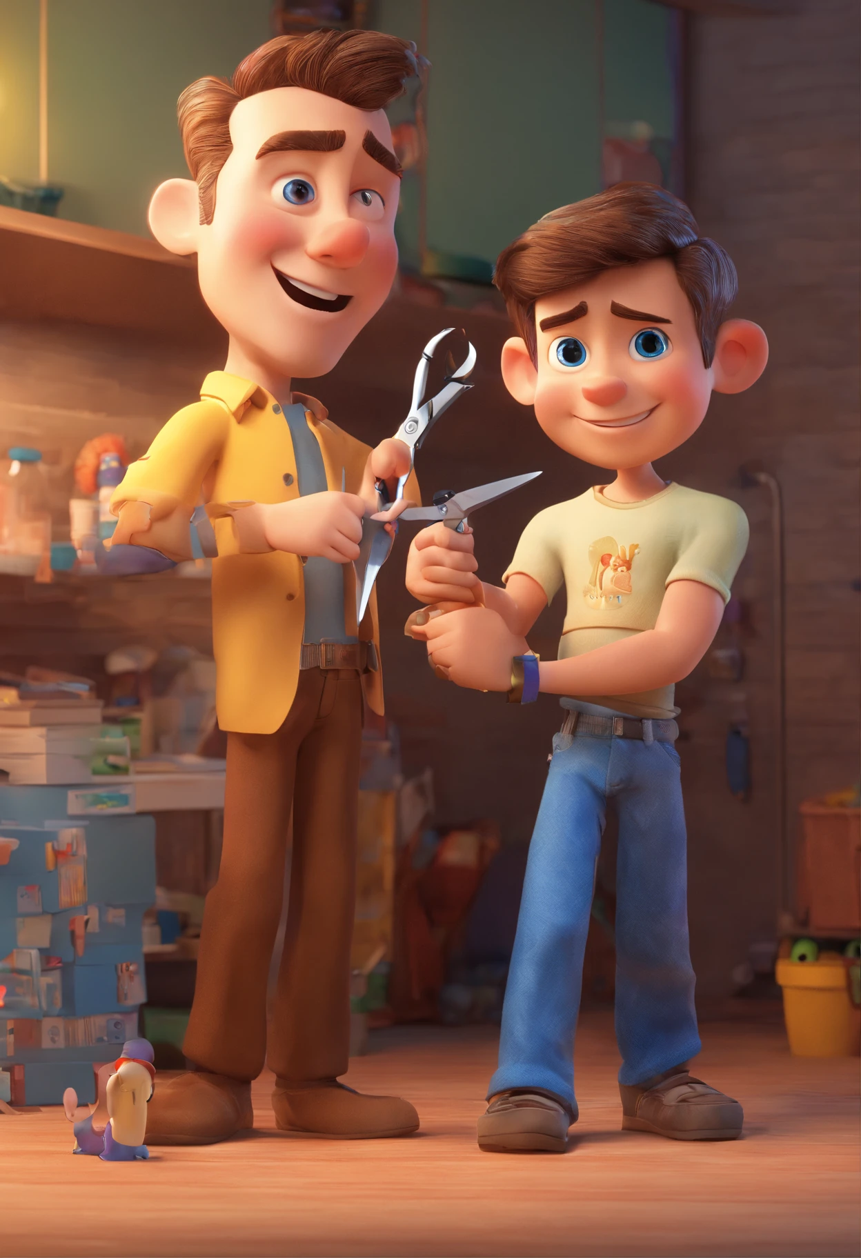 Estilo Pixar: The grown man is holding a naked blue-eyed boy and in his other hand he is holding a pair of scissors and is trying to cut off the boy's testicles,3D Poster,Disney