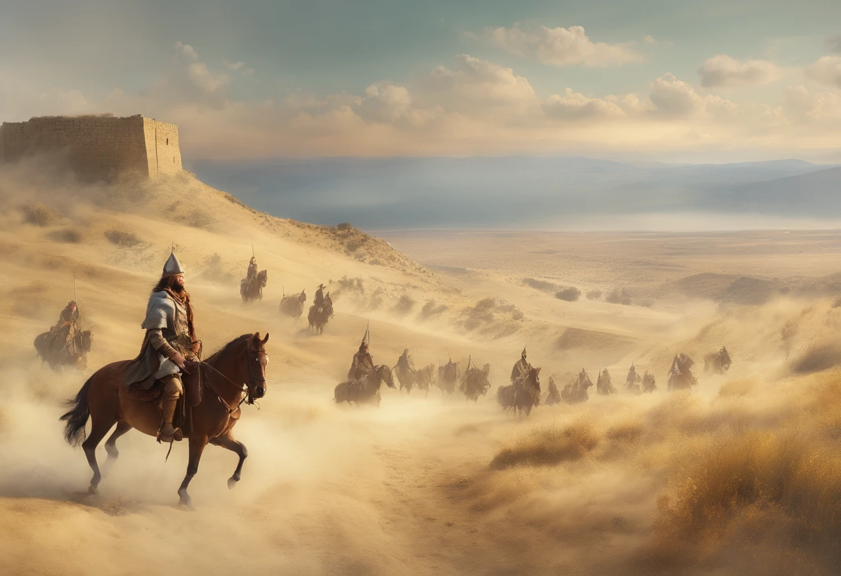 A Spielberg-inspired depth of narrative, showing Jesus adorned with a gold crown, alongside seven angels, each with a golden trumpet in hand, looking down from the clouds towards Israel. The visual flow moves from left to right, with Jesus and the angels depicted as though arriving over an apocalyptic scene below. The setting on the ground is a dramatic battlefield in Israel, with two opposing forces: the Israeli military and a terrorist faction, engaged with soldiers, tanks, and explosions. The image replicates the use of a Blackmagic URSA camera, in a landscape format with HDR, a dramatic atmosphere, film grain, an anamorphic lens for a wide field, and saturated, realistic details