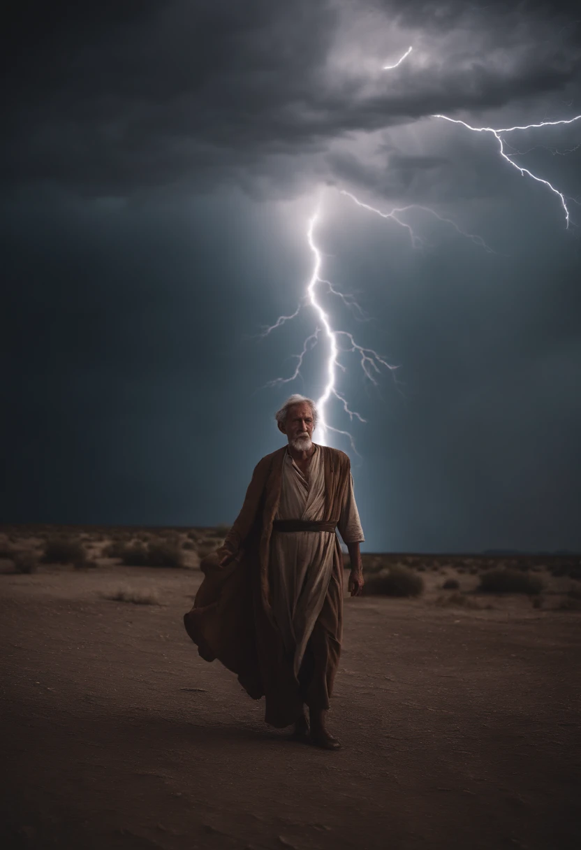 Biblical times, old, frail, skinny, half naked man with ulcers on skin, standing in the middle of the dessert glazing up to a powerful tornado on the sky filled with lightning