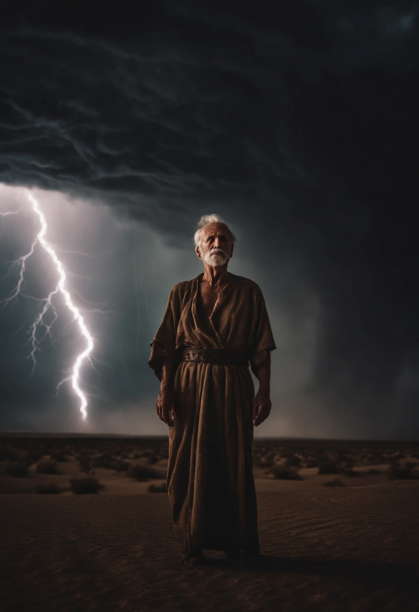 Biblical times, old, frail, skinny, half naked man with ulcers on skin, standing in the middle of the dessert glazing up to a powerful tornado on the sky filled with lightning